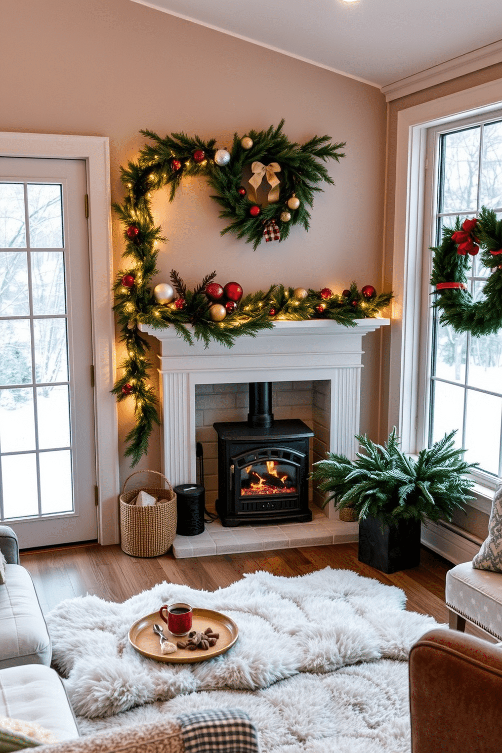 A cozy sunroom adorned for Christmas features a small, stylish fireplace nestled in the corner, surrounded by plush seating. The mantel is decorated with garlands of pine, twinkling fairy lights, and festive ornaments, creating a warm and inviting atmosphere. In front of the fireplace, a soft, oversized rug anchors the space, while a small coffee table holds seasonal treats and a steaming mug of cocoa. Large windows allow natural light to flood in, showcasing the snow-covered landscape outside, while festive wreaths hang on the glass, completing the holiday charm.