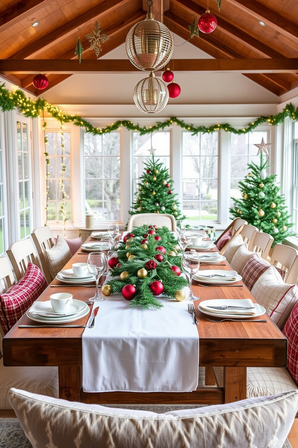 A festive table setting for gatherings features a long wooden table adorned with a crisp white tablecloth. Centered on the table is a lush evergreen centerpiece, interspersed with red and gold ornaments, and surrounded by elegant dinnerware and sparkling glassware. For the sunroom, Christmas decorating ideas include draping twinkling fairy lights along the windows and hanging ornaments from the ceiling. Plush throw pillows in festive colors add warmth to the seating area, while a small Christmas tree in the corner brings holiday cheer to the space.