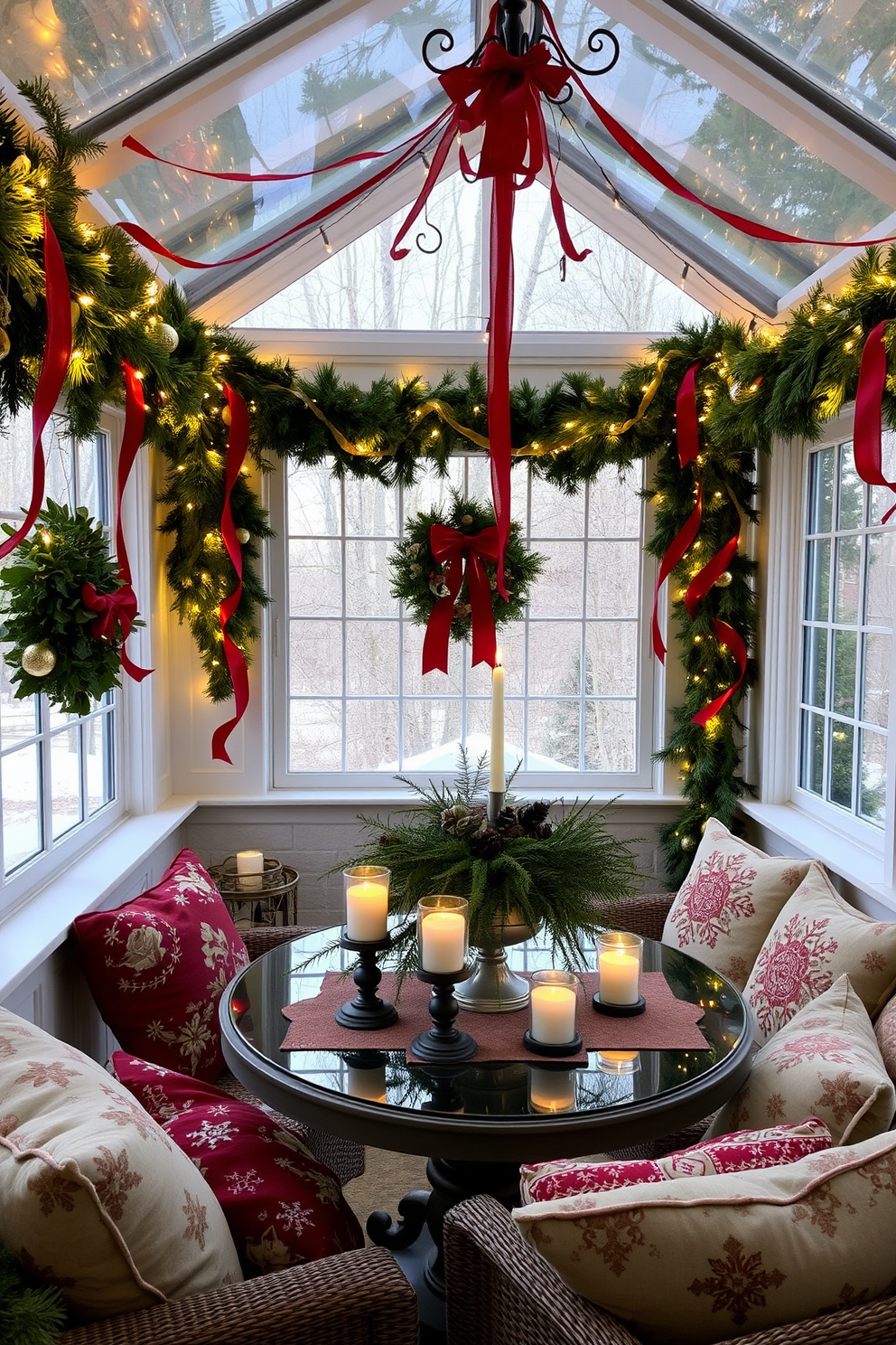 A cozy sunroom adorned for Christmas features lush garlands draped along the window sills, intertwined with twinkling fairy lights. Ribbons in rich red and gold cascade from the ceiling, adding a festive touch to the warm, inviting space. A beautifully set table in the sunroom showcases a centerpiece of evergreen branches and pinecones, surrounded by candles in elegant holders. Plush cushions in holiday-themed patterns are scattered across the seating area, inviting guests to relax and enjoy the cheerful atmosphere.