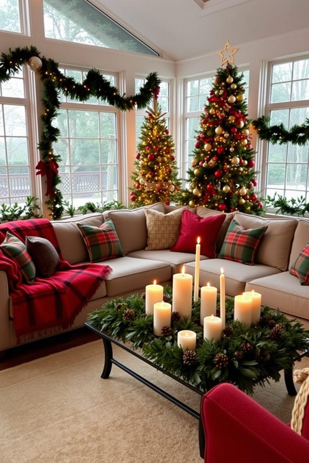 A cozy sunroom adorned for Christmas, featuring a large, comfortable sectional sofa draped with festive red and green throw blankets. The room is filled with natural light from expansive windows, showcasing a beautifully decorated Christmas tree in the corner, adorned with twinkling lights and colorful ornaments. On the coffee table, an arrangement of scented candles in various heights creates a warm ambiance, surrounded by pinecones and holly sprigs. Festive garlands are draped along the window sills, and a soft rug underfoot adds a touch of warmth to the space, inviting relaxation and holiday cheer.