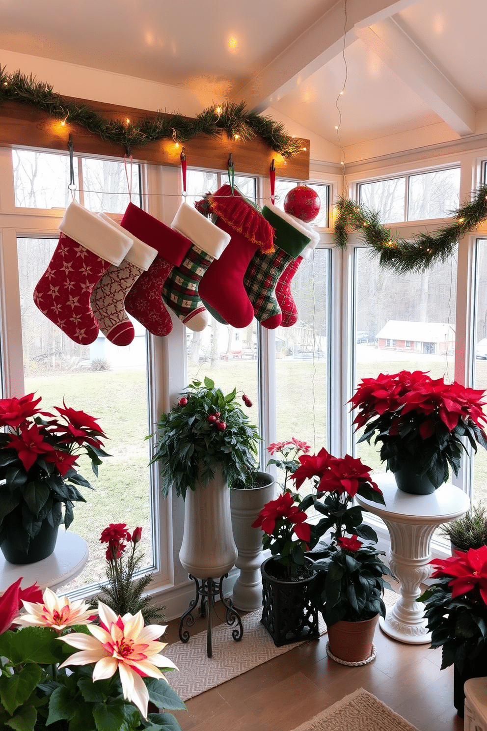 A sunroom filled with natural light, adorned with festive decorations for the holiday season. Stockings hang from a rustic wooden mantel, each uniquely designed with vibrant colors and patterns, creating a cozy and inviting atmosphere. Potted poinsettias in vibrant red and white are placed around the room, complementing the greenery of the sunroom. Twinkling fairy lights drape across the windows, casting a warm glow and enhancing the cheerful holiday spirit.