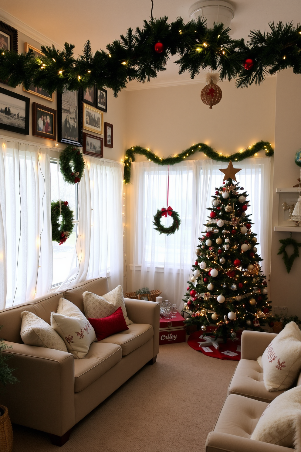 A festive holiday-themed gallery wall adorned with an array of framed family photos, seasonal artwork, and decorative wreaths. Twinkling fairy lights weave through the frames, adding a warm glow that enhances the cozy atmosphere. A sunroom transformed into a winter wonderland, featuring a beautifully decorated Christmas tree in the corner, surrounded by plush seating. The windows are draped with sheer white curtains, allowing natural light to filter through, while festive garlands and ornaments hang from the ceiling, creating a cheerful ambiance.