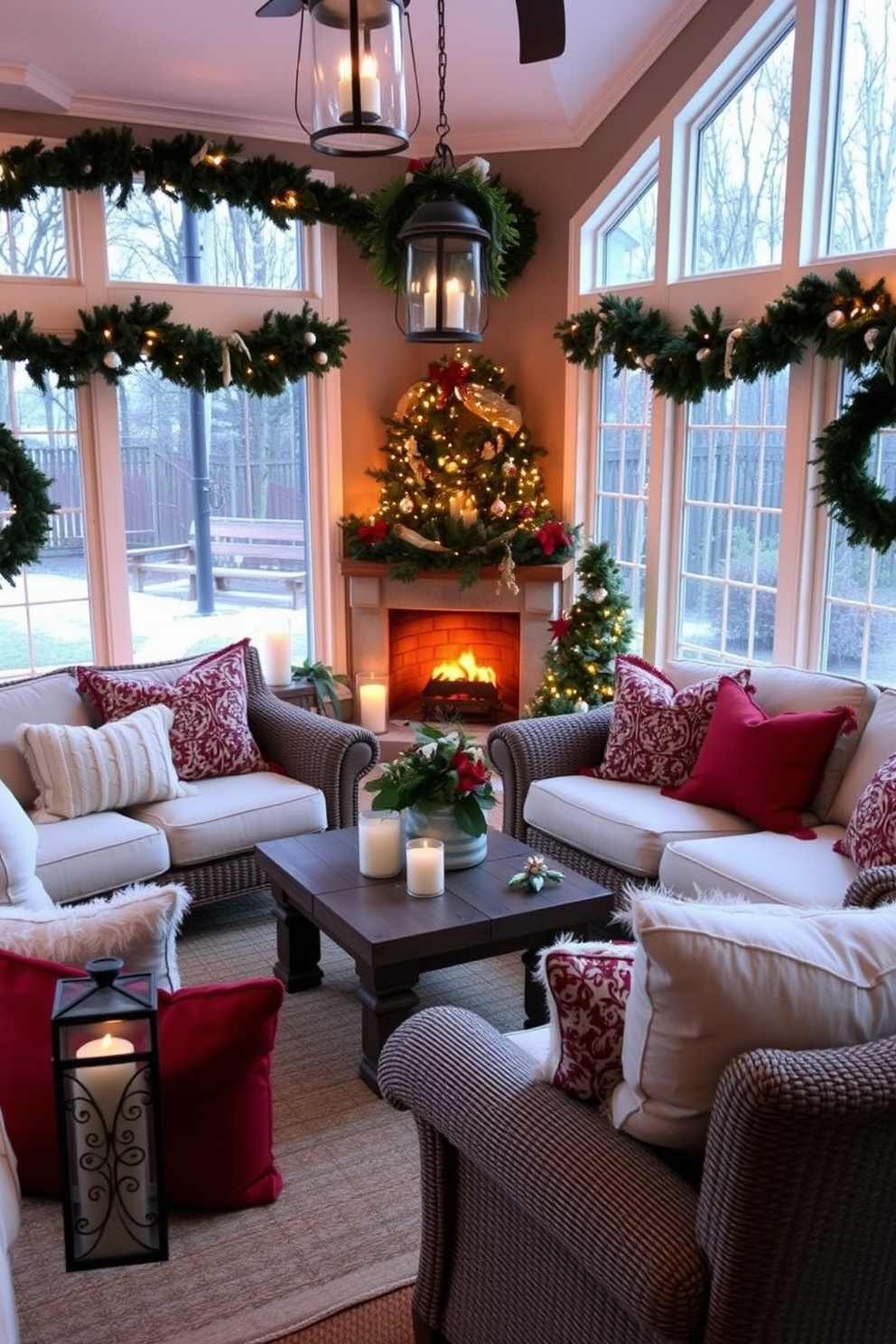 A cozy sunroom adorned for Christmas features decorative lanterns casting a warm, soft glow throughout the space. Plush seating is arranged around a rustic wooden coffee table, surrounded by lush greenery and festive accents, creating an inviting atmosphere for holiday gatherings.