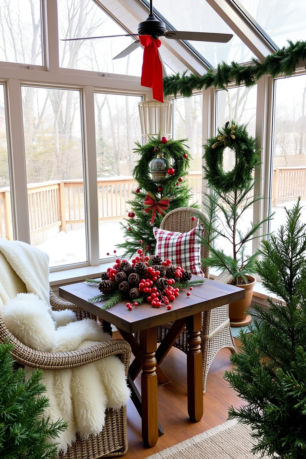 A cozy sunroom adorned for Christmas, featuring a large window that lets in warm natural light. The decor includes a rustic wooden table set with pinecones and vibrant red berries, creating a festive centerpiece. Fluffy white blankets are draped over a comfortable wicker chair, inviting relaxation. Potted evergreen plants are placed in the corners, enhancing the natural ambiance and adding a touch of greenery to the holiday setting.