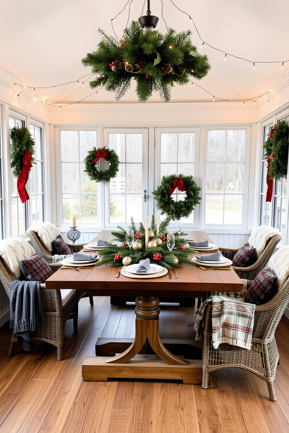 A cozy sunroom adorned for the holidays features a large wooden table at the center, beautifully set with a festive centerpiece of evergreen branches, pinecones, and red berries. Surrounding the table are comfortable wicker chairs draped with soft, knitted throws, and twinkling fairy lights hang above, creating a warm and inviting atmosphere.