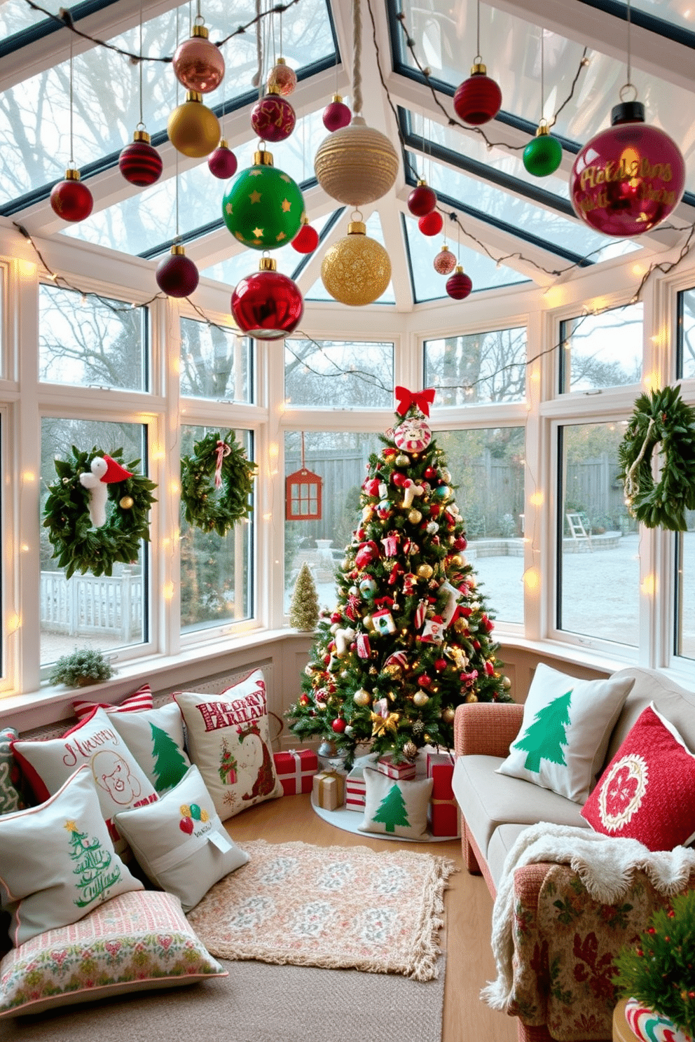 A whimsical sunroom adorned with festive decorations. Colorful ornaments hang from the ceiling, and a beautifully decorated Christmas tree stands in the corner, surrounded by cozy seating. The walls are adorned with twinkling fairy lights, casting a warm glow across the room. A collection of playful holiday-themed cushions and throws adds a touch of cheer to the space.