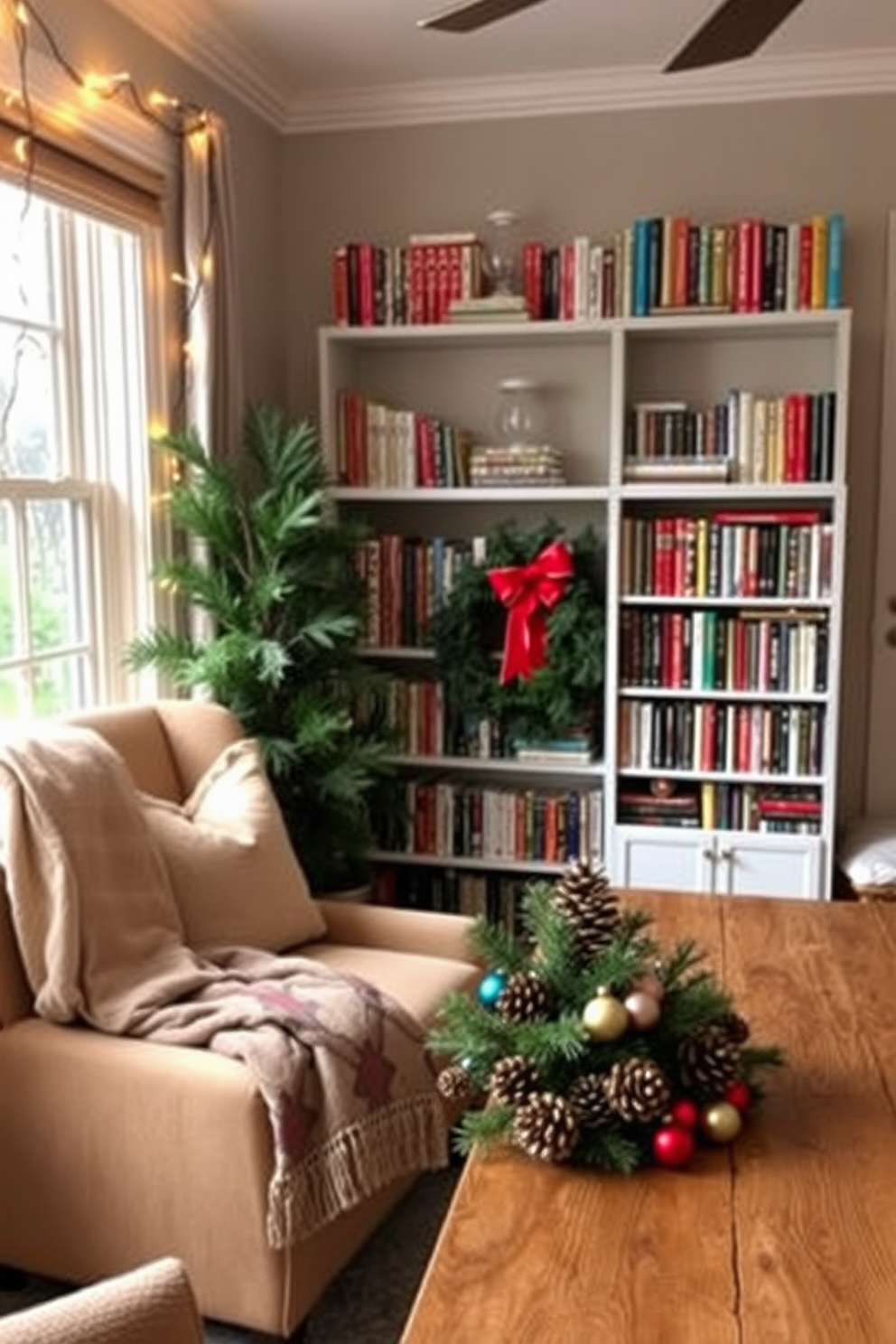 Create a cozy reading nook with decor. A plush armchair is positioned next to a tall bookshelf filled with colorful novels, and a soft throw blanket drapes over one armrest. Sunroom Christmas decorating ideas. Twinkling fairy lights are strung along the windows, while a festive arrangement of pinecones and ornaments sits on a rustic wooden table, creating a warm holiday ambiance.