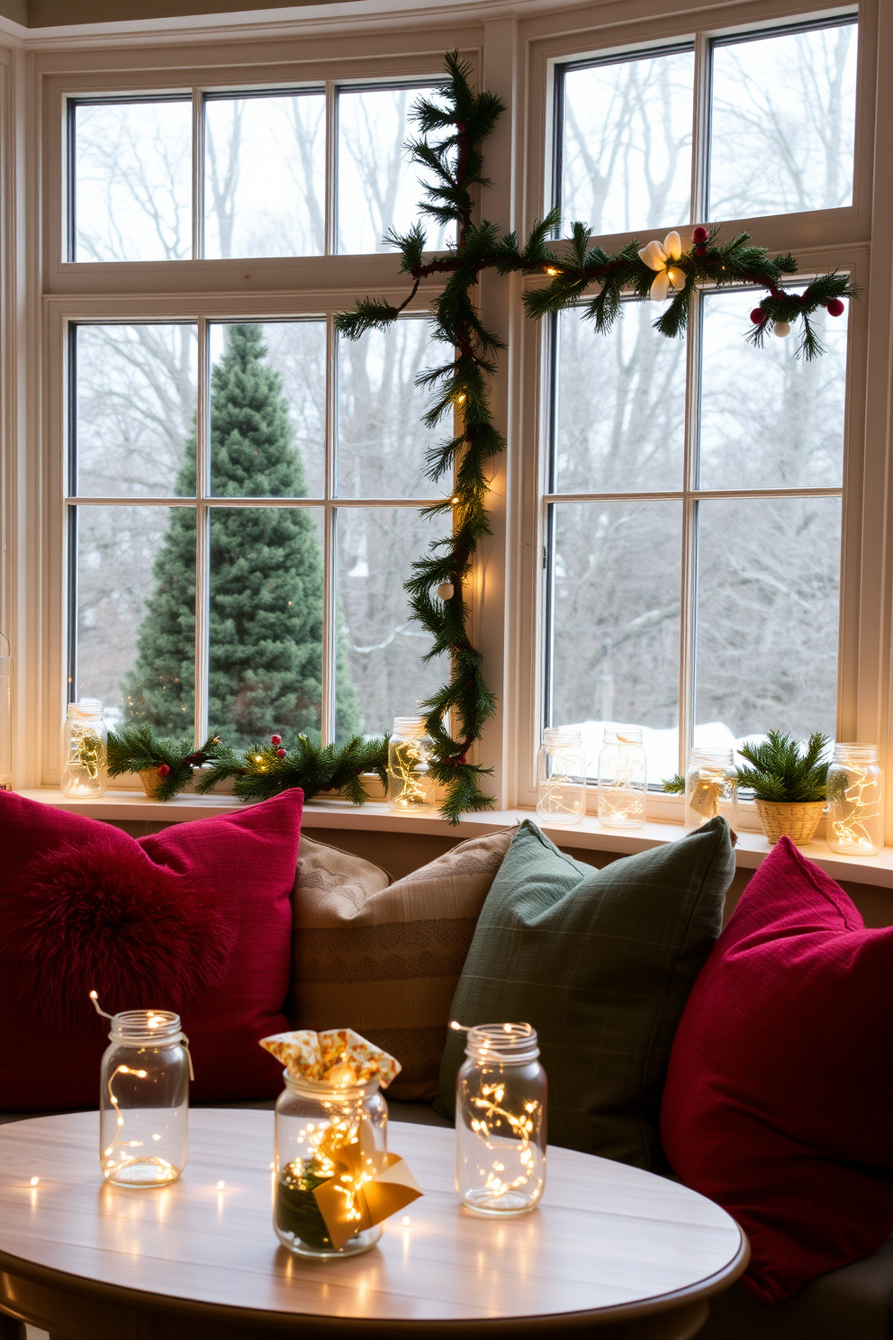 A cozy sunroom adorned for Christmas, featuring a large window that lets in natural light. Glass jars filled with fairy lights are scattered across the table and window sills, creating a warm, twinkling atmosphere. The space is decorated with festive greenery, including a garland draped along the window frame. Plush cushions in red and green hues are arranged on a comfortable seating area, inviting relaxation and holiday cheer.