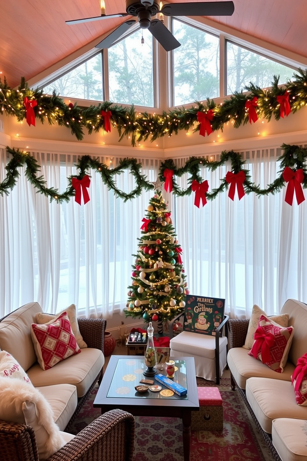 A cozy sunroom adorned for the holidays, featuring a large, decorated Christmas tree in the corner, twinkling lights, and colorful ornaments. Plush seating with festive throw pillows invites relaxation, while a coffee table is set with a holiday-themed puzzle and seasonal snacks. The windows are draped with sheer white curtains, allowing natural light to flood the space, complemented by garlands of evergreen and red bows. A small side table displays a collection of holiday-themed games, adding a playful touch to the cheerful atmosphere.