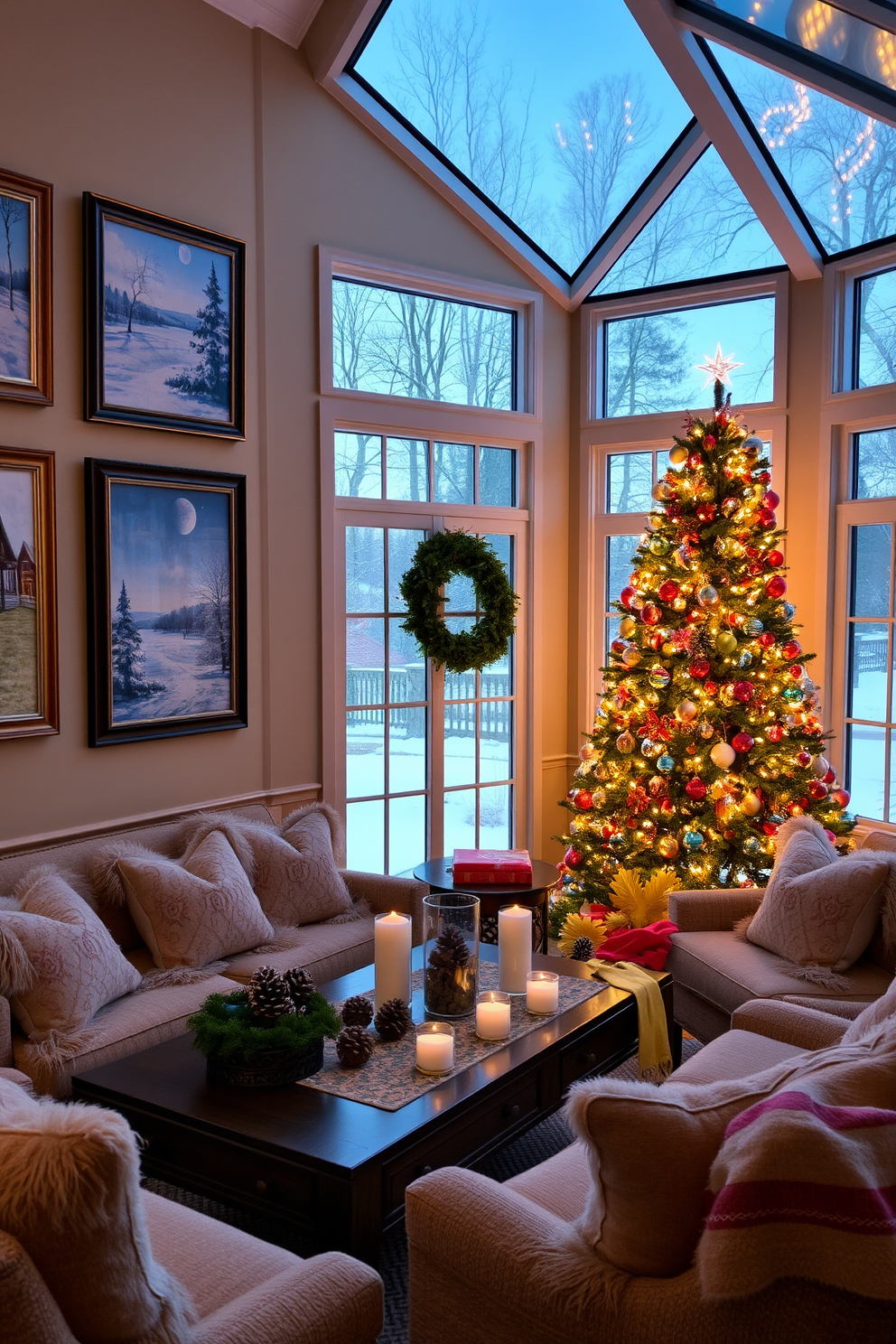 A cozy sunroom adorned with seasonal artwork that captures the essence of winter. The walls are decorated with framed prints of snowy landscapes and festive holiday scenes, creating a warm and inviting atmosphere. In one corner, a beautifully decorated Christmas tree stands tall, adorned with twinkling lights and colorful ornaments. Plush seating is arranged around a coffee table, topped with seasonal decorations like pinecones and candles, enhancing the festive spirit.