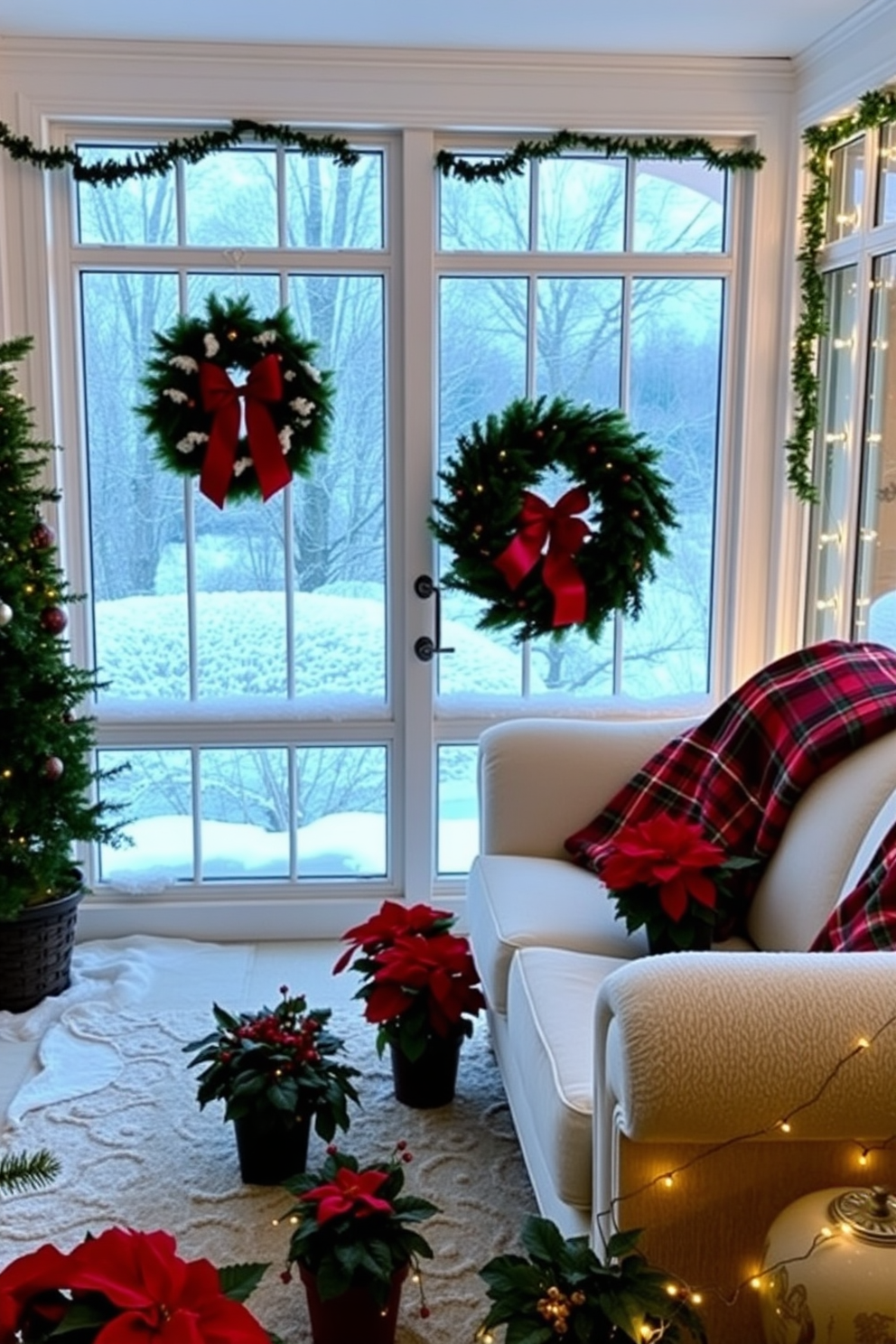 A cozy sunroom adorned for Christmas, filled with faux snow gently covering the windowsills and a festive wreath hanging on the door. A plush seating area features a soft, cream-colored sofa draped with a red and green plaid blanket, surrounded by potted poinsettias and twinkling fairy lights.