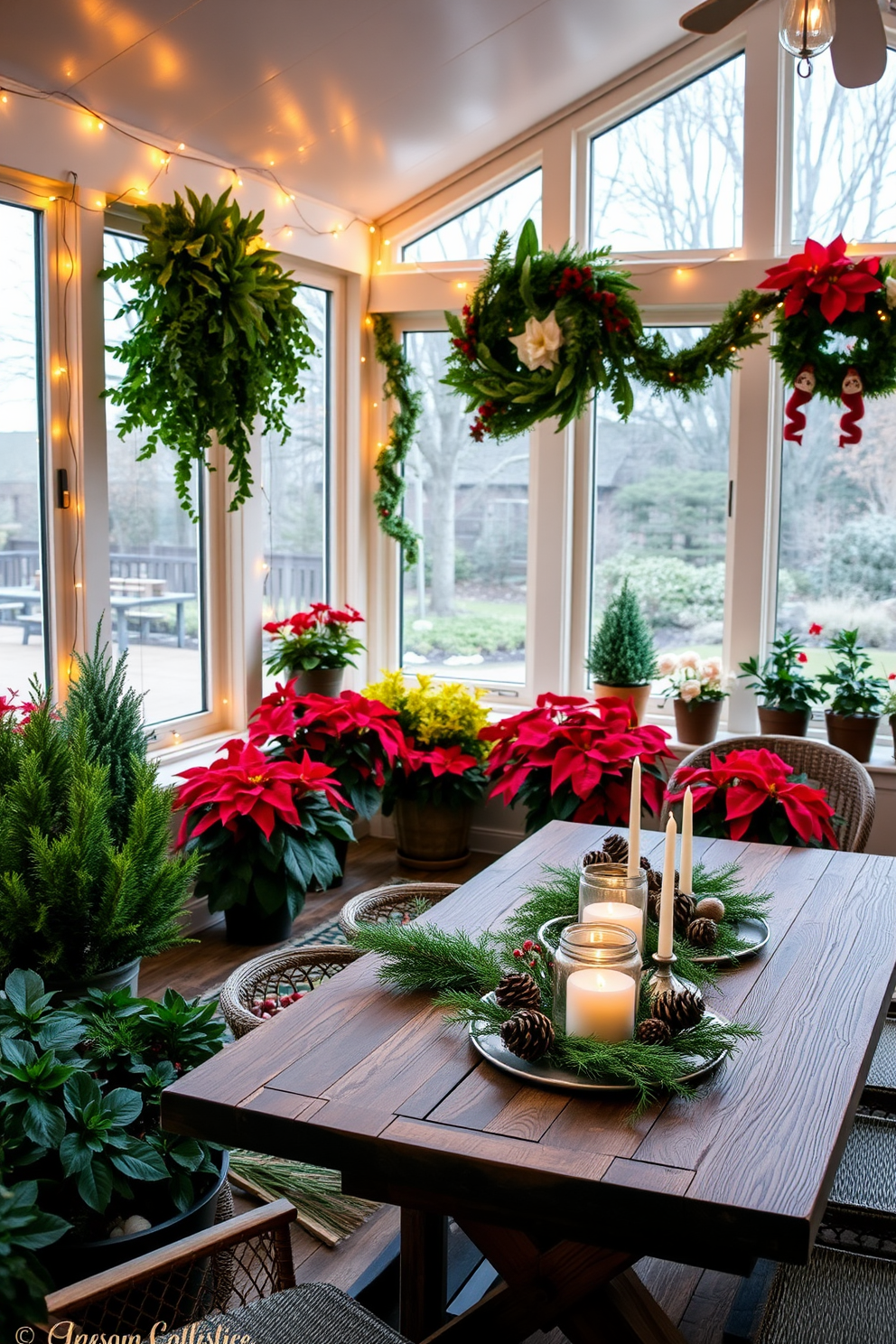 A cozy sunroom adorned for the holidays, featuring a mix of festive foliage and seasonal plants. Lush green potted evergreens sit in the corners, while vibrant poinsettias brighten the window sills. The walls are decorated with twinkling string lights, casting a warm glow throughout the space. A rustic wooden table is set with seasonal decor, including a centerpiece of pinecones and candles, creating an inviting atmosphere.