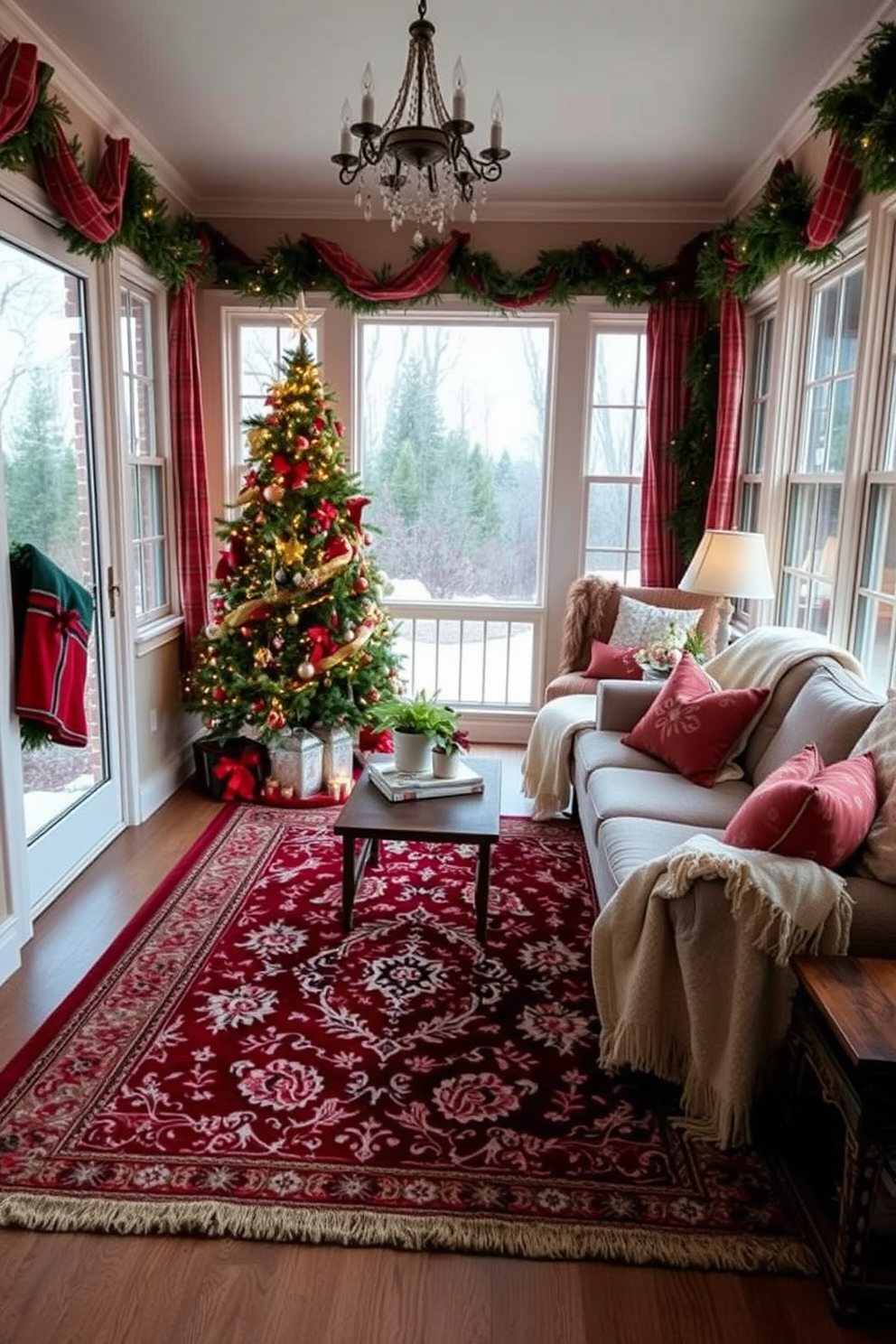 A cozy sunroom adorned for the holidays, featuring a large, festive rug with intricate patterns underfoot. The space is filled with natural light, showcasing a beautifully decorated Christmas tree in the corner, surrounded by comfortable seating draped in soft, warm throws.