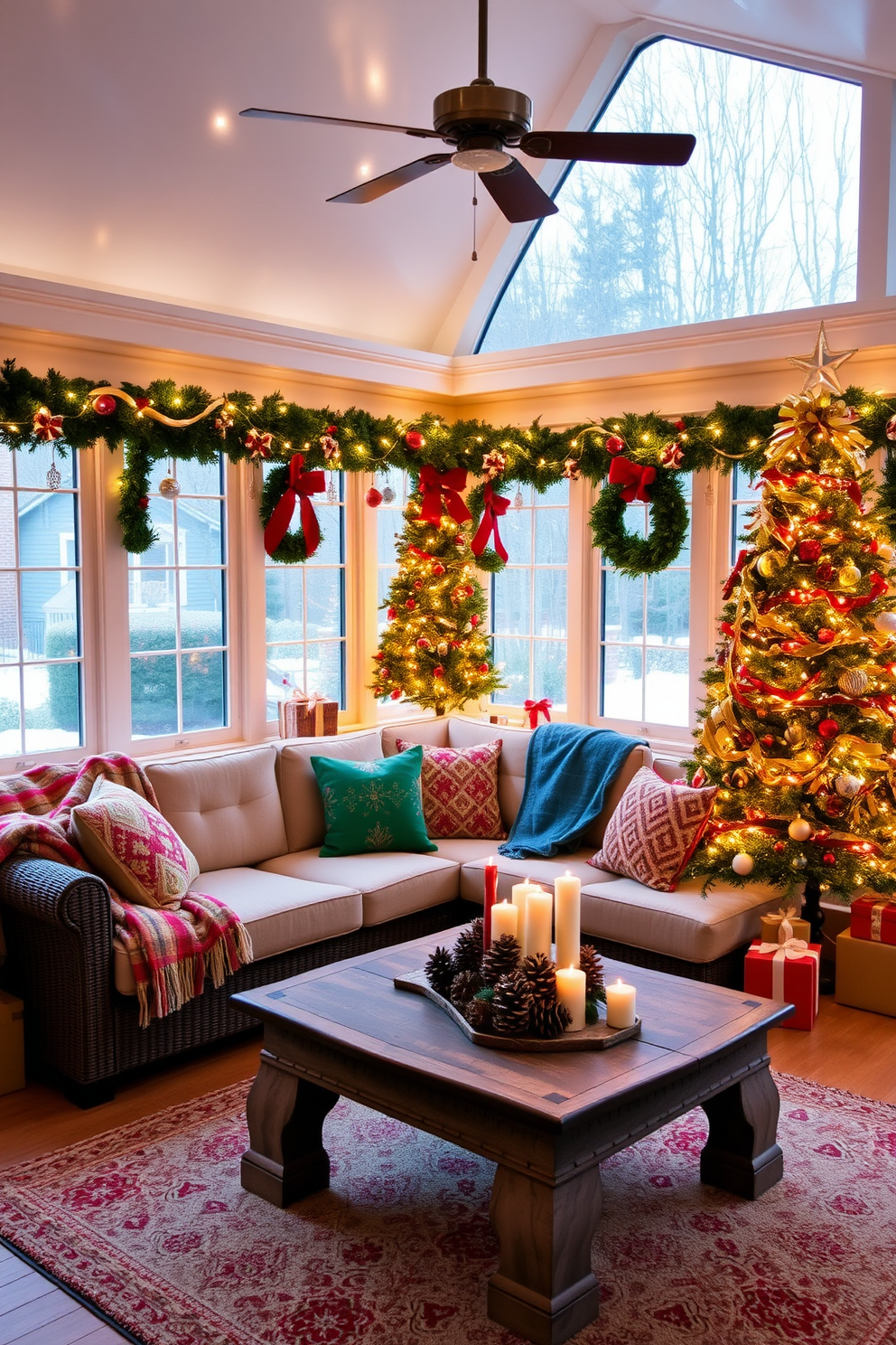 A warm and inviting sunroom adorned for Christmas, featuring plush blankets draped over a comfortable sectional sofa. Colorful throw pillows in festive patterns add a cheerful touch, while twinkling fairy lights are strung across the windows, creating a magical atmosphere. A beautifully decorated Christmas tree stands in the corner, surrounded by an array of decorative ornaments and wrapped gifts. A rustic coffee table is topped with a centerpiece of pinecones and candles, enhancing the cozy holiday spirit.