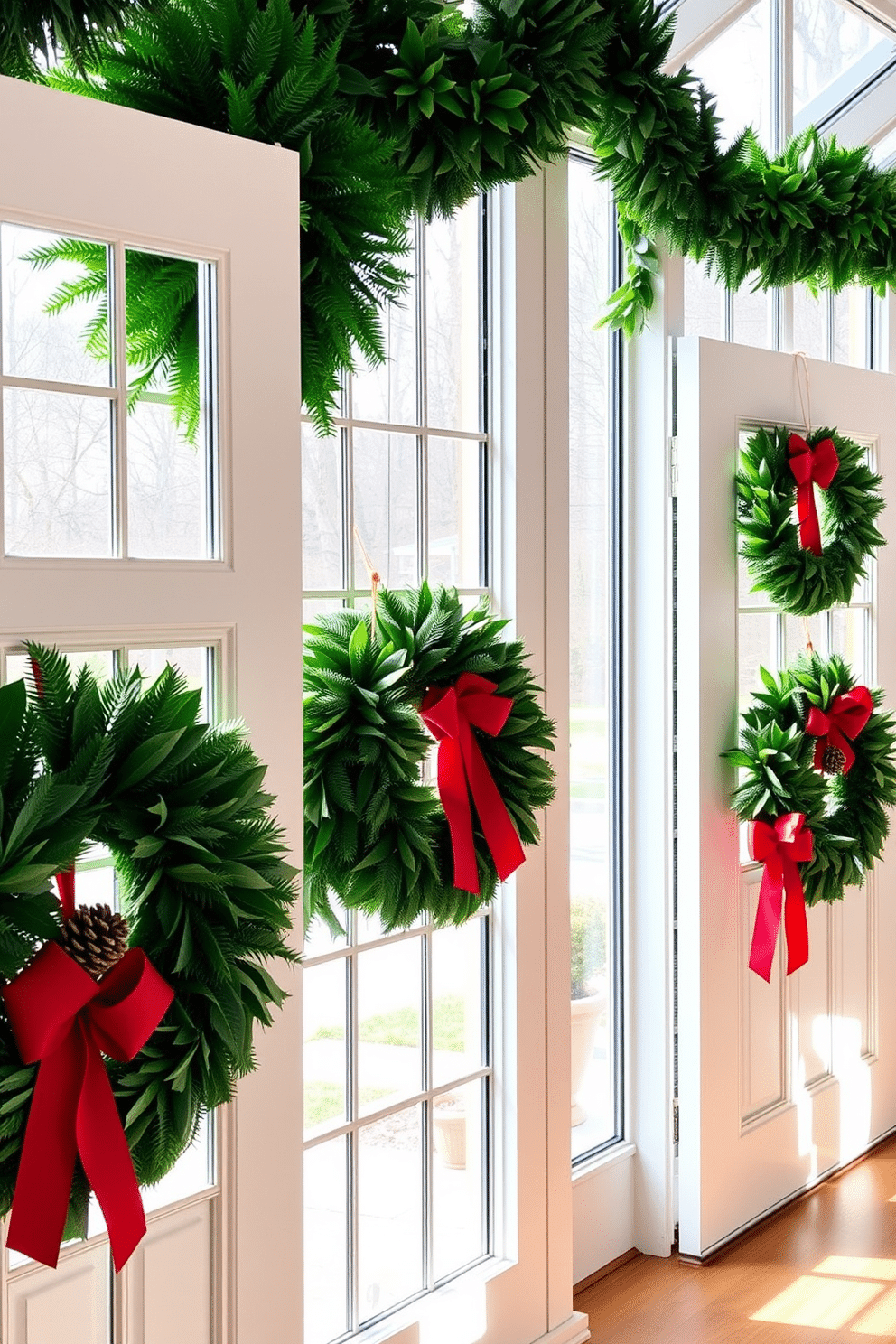 A cozy sunroom adorned for Christmas features lush green wreaths hanging on the large windows, bringing a festive touch to the space. The doors are also decorated with elegant wreaths, each embellished with red ribbons and pinecones, creating a warm and inviting atmosphere.