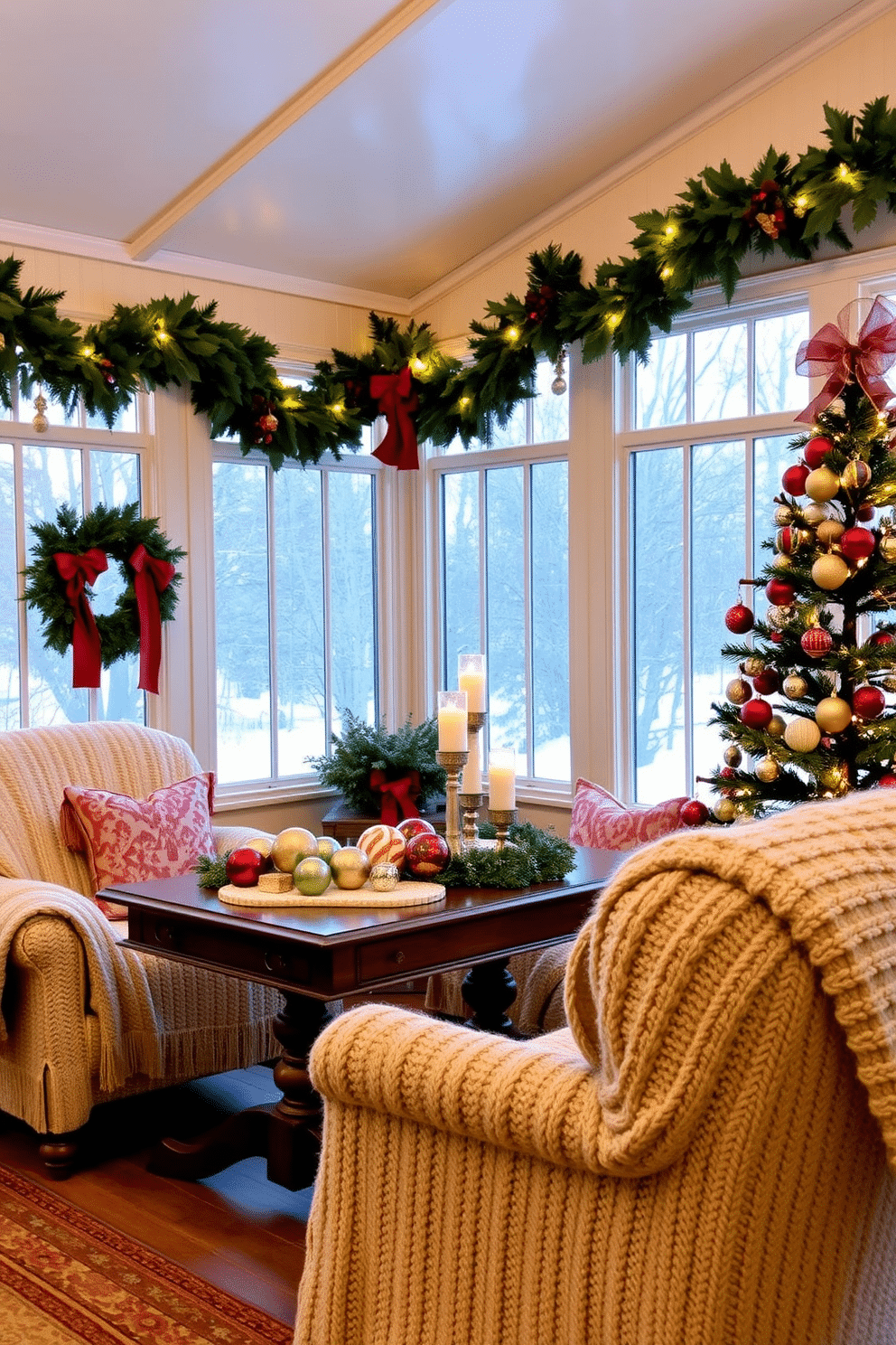 A cozy sunroom adorned with vintage Christmas decorations. Festive garlands of pine and holly drape across the windows, while an antique wooden table is set with a collection of vintage ornaments and a flickering candle centerpiece. Plush, oversized chairs are covered with soft, knitted throws in holiday colors, inviting relaxation. A charmingly decorated Christmas tree stands in the corner, adorned with heirloom ornaments and twinkling fairy lights, creating a warm and inviting atmosphere.