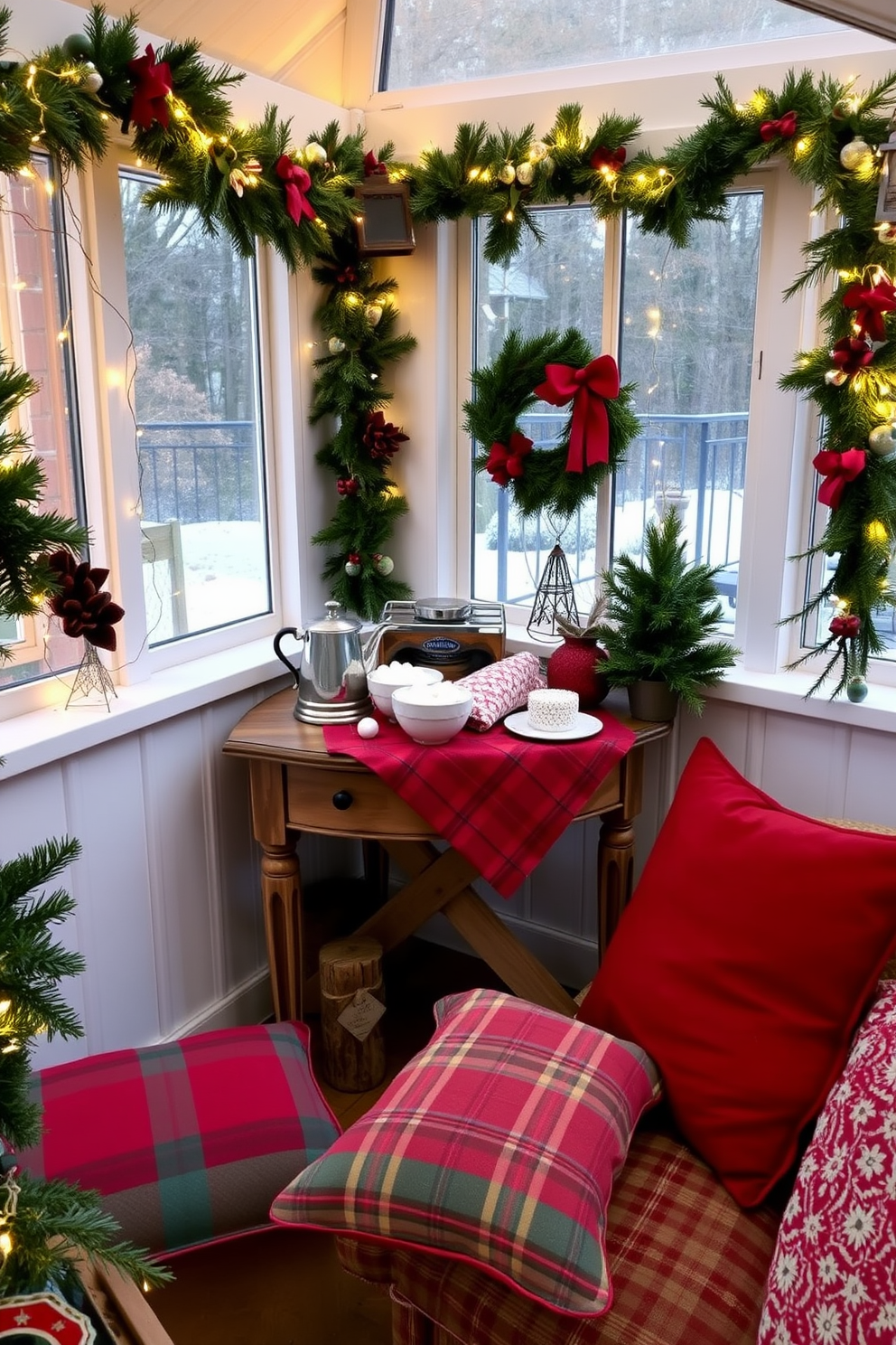 A cozy hot cocoa station nestled in the corner of the sunroom features a rustic wooden table adorned with a festive tablecloth. On the table, a vintage cocoa pot sits alongside an assortment of toppings, including whipped cream, marshmallows, and peppermint sticks. Surrounding the station, the sunroom is decorated with twinkling fairy lights and vibrant garlands of pine and holly. Plush cushions in rich reds and greens invite guests to relax and enjoy the warm atmosphere while sipping their cocoa.