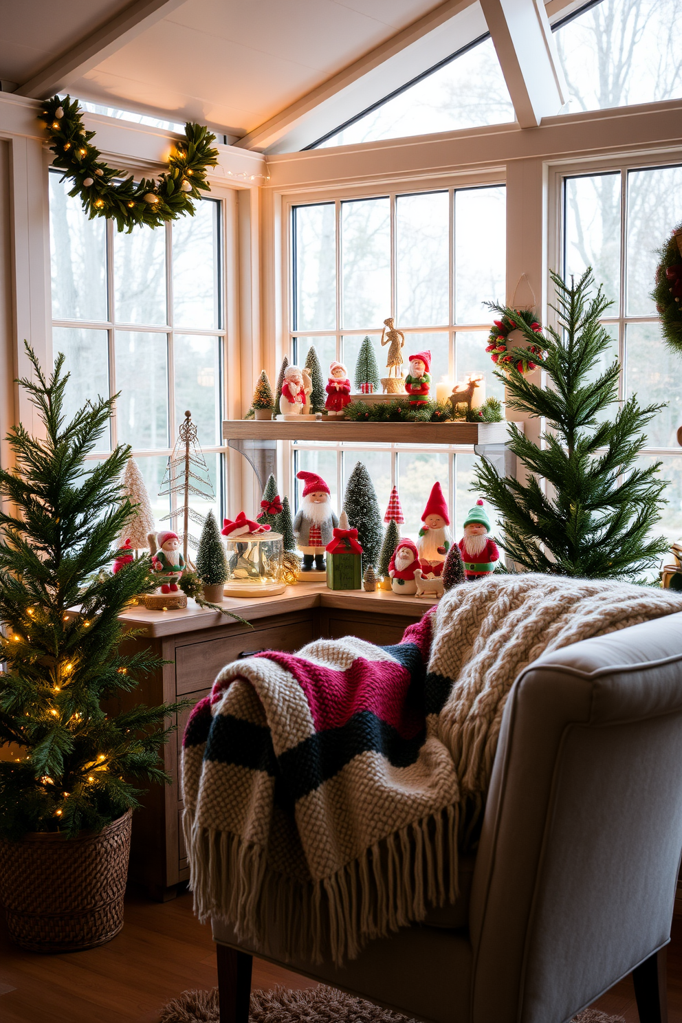 A sunroom adorned for the holidays features a beautifully arranged collection of holiday figurines displayed on a rustic wooden shelf. Soft, natural light filters through large windows, illuminating the cheerful colors and intricate details of the figurines, creating a warm and inviting atmosphere. Surrounding the figurines, lush green plants and twinkling fairy lights add a festive touch, enhancing the cozy feel of the sunroom. A plush, seasonal throw blanket drapes over a nearby armchair, inviting guests to relax and enjoy the holiday spirit.