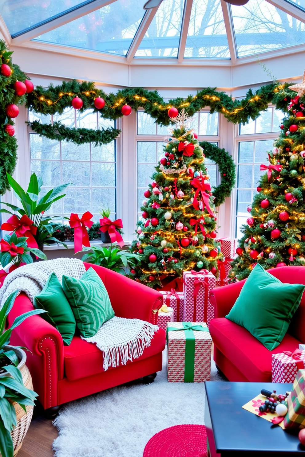 A cozy sunroom decorated for Christmas, featuring a vibrant red and green color scheme. The space is filled with lush green plants, accented by red ornaments and festive garlands draped across the windows. A large, plush red sofa is adorned with green throw pillows and a soft, knitted blanket. In the corner, a beautifully decorated Christmas tree stands tall, surrounded by wrapped gifts in coordinating colors.