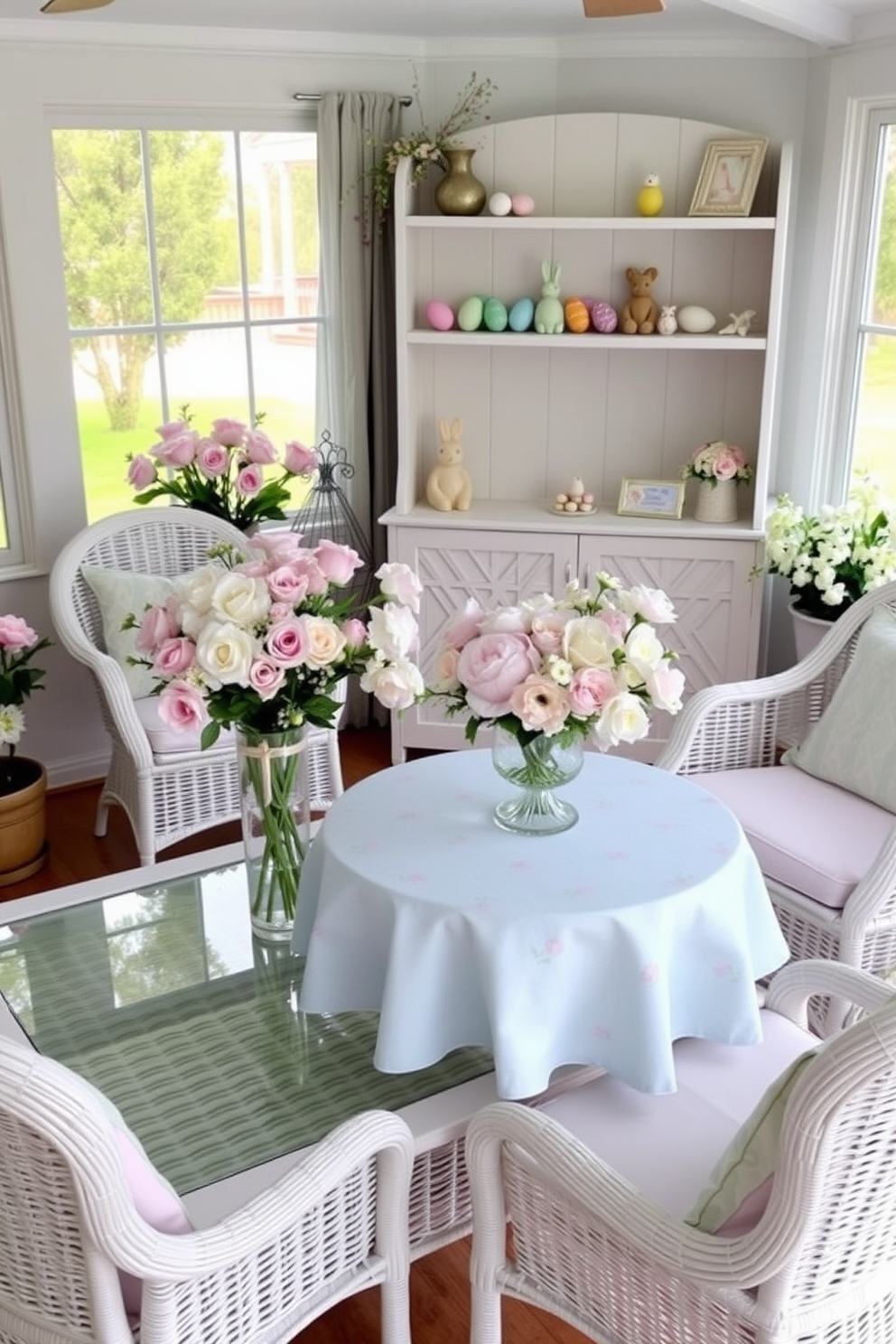 A cozy sunroom filled with pastel-colored floral arrangements. Soft pink and light blue flowers in elegant vases are placed on a white wicker coffee table, surrounded by matching wicker chairs with pastel cushions. For Easter decorating ideas, the sunroom is adorned with delicate Easter-themed decorations. A white wooden shelf displays pastel-colored Easter eggs and small bunny figurines, while a light blue tablecloth with a floral pattern covers a round table in the center, set for an Easter brunch.