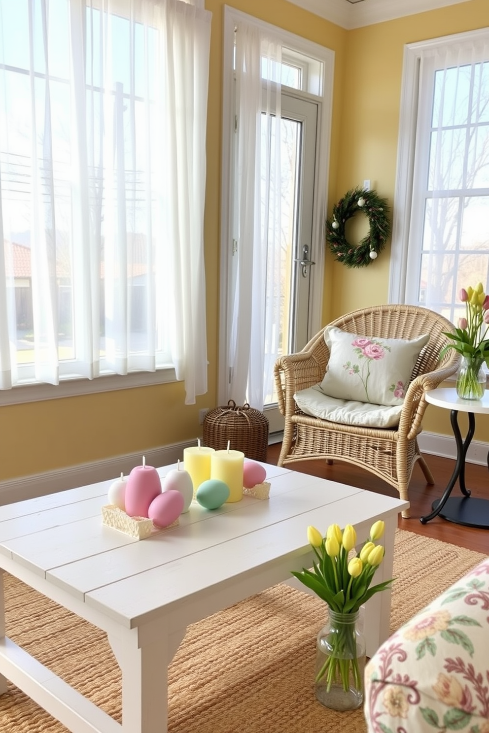 A serene sunroom decorated for Easter. There are egg-shaped candles in pastel colors placed on a white wooden coffee table. The room features large windows with sheer white curtains allowing plenty of natural light to flood in. A cozy wicker chair with floral cushions is positioned near the window, and a soft, woven rug lies on the floor. The walls are painted in a soft yellow hue, and a vase of fresh tulips sits on a side table.