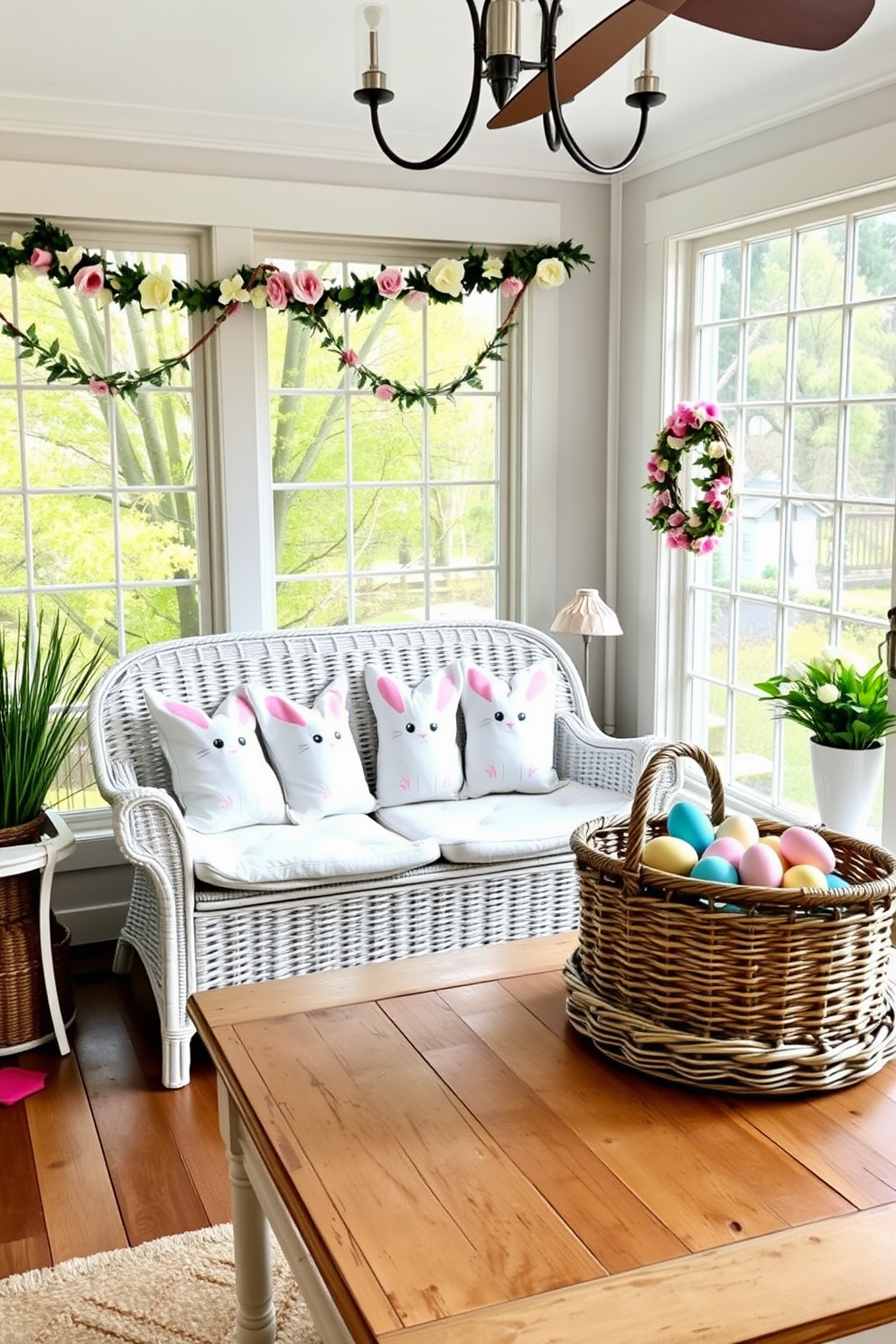 A cozy sunroom filled with natural light. Whimsical bunny pillows are arranged on a white wicker loveseat, adding a playful touch to the seating area. For an Easter-themed decor, pastel-colored decorations adorn the room. A large wicker basket filled with colorful eggs sits on a wooden coffee table, and a garland of spring flowers hangs above the windows.