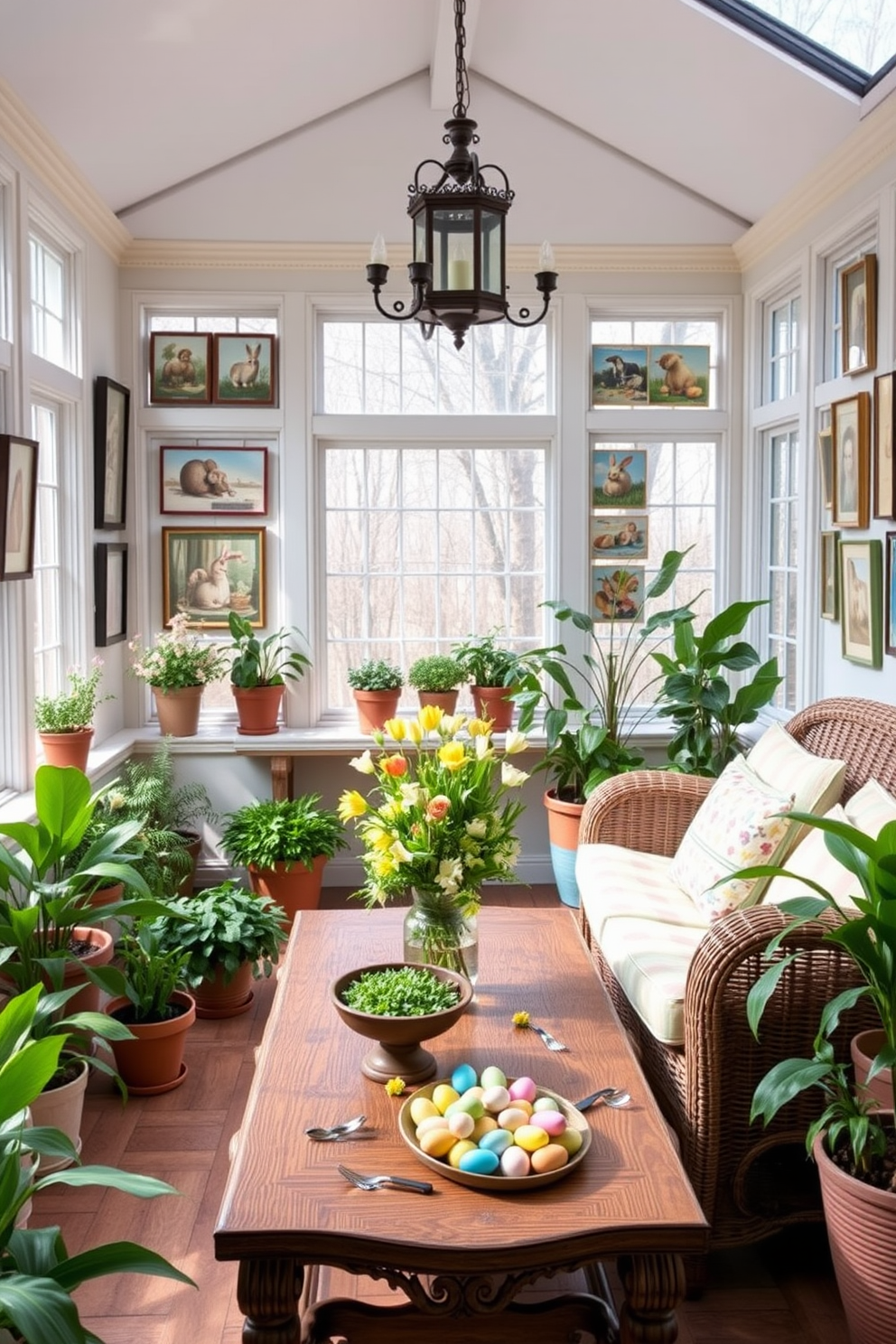 A cozy sunroom filled with natural light. Vintage Easter postcards are framed and displayed on the walls, adding a nostalgic charm to the space. A large wicker sofa with pastel cushions sits against one wall, surrounded by potted plants in various shades of green. A wooden coffee table in the center holds a vase of fresh spring flowers and a bowl of colorful Easter eggs.