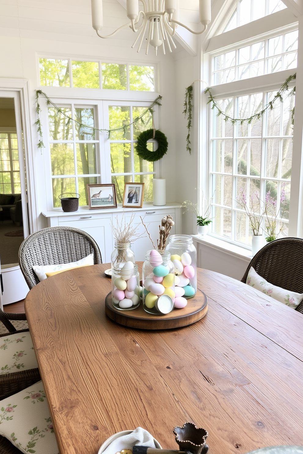 A sunroom bathed in natural light, featuring decorative glass jars filled with pastel-colored eggs on a rustic wooden table. Surrounding the table are wicker chairs with floral cushions, and the walls are adorned with delicate Easter-themed garlands.