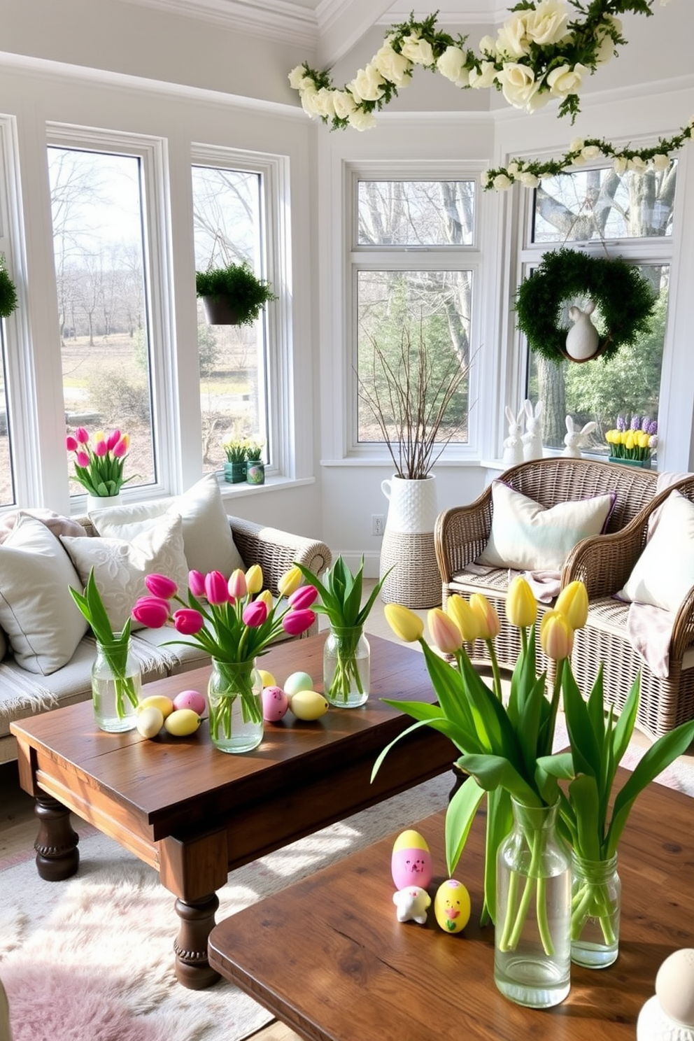 A sunroom filled with natural light, featuring fresh cut tulips in vases placed on a rustic wooden coffee table. The room is decorated with pastel-colored cushions and throws, and an Easter-themed centerpiece with painted eggs and bunny figurines adorns the table. A cozy seating area with wicker furniture, complemented by tulips in various colors displayed in glass vases on the windowsills. The sunroom is further adorned with Easter garlands hanging from the ceiling, and a soft, pastel-colored rug adds warmth to the space.