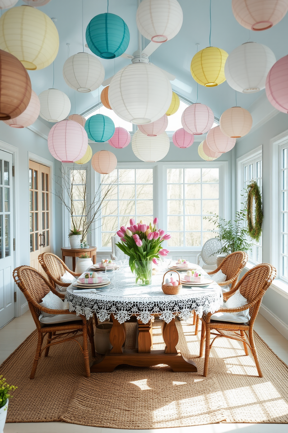 A sunroom filled with hanging paper lanterns in pastel spring colors, casting a soft and inviting glow. The walls are painted a light, airy blue, and the floor is covered with a natural jute rug, adding a touch of warmth. For Easter decorating ideas, place a large wooden table in the center of the room, adorned with a white lace tablecloth and a centerpiece of fresh tulips in a glass vase. Around the table, set up wicker chairs with pastel-colored cushions, and on each place setting, include a small Easter basket filled with decorative eggs and chocolates.