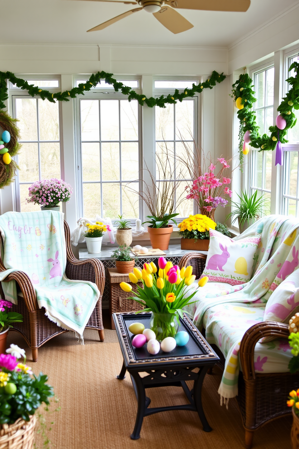 A cozy sunroom adorned with Easter-themed throw blankets draped over wicker chairs. The blankets feature pastel colors and intricate patterns of bunnies, eggs, and spring flowers, adding a festive touch to the serene space. In the sunroom, colorful Easter decorations create a cheerful ambiance. The room is filled with natural light, and the throw blankets on the chairs complement the vibrant spring decor, including potted plants, Easter egg garlands, and a centerpiece of fresh tulips on the coffee table.