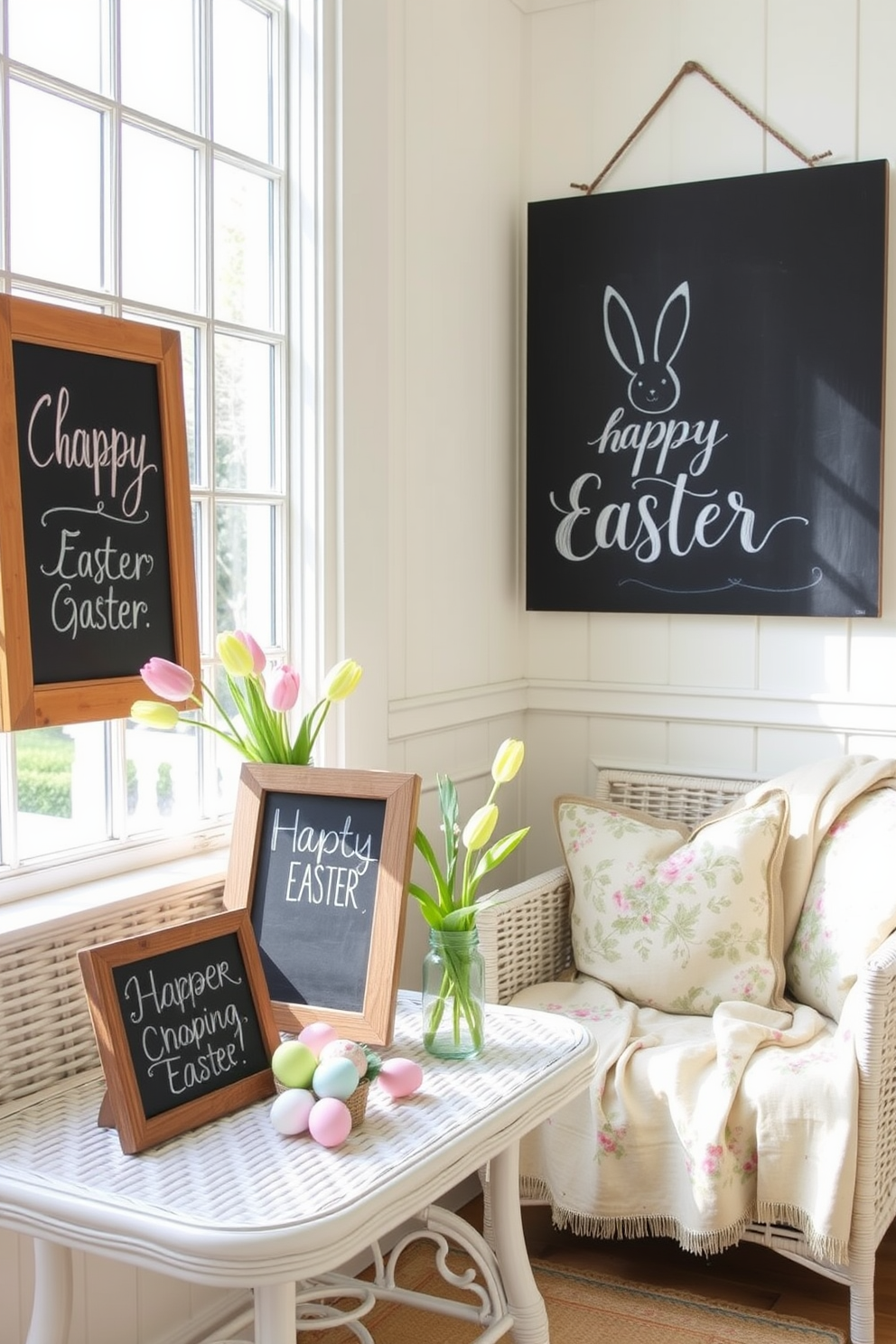 A bright and airy sunroom is decorated for Easter with chalkboard signs featuring cheerful greetings. The signs, framed in rustic wood, are propped up on a white wicker table alongside pastel-colored eggs and a vase of fresh tulips. In another corner of the sunroom, a cozy reading nook is adorned with a soft, floral-patterned throw and cushions. Above the nook, a large chalkboard sign hangs on the wall, displaying a hand-drawn Easter bunny and the words 