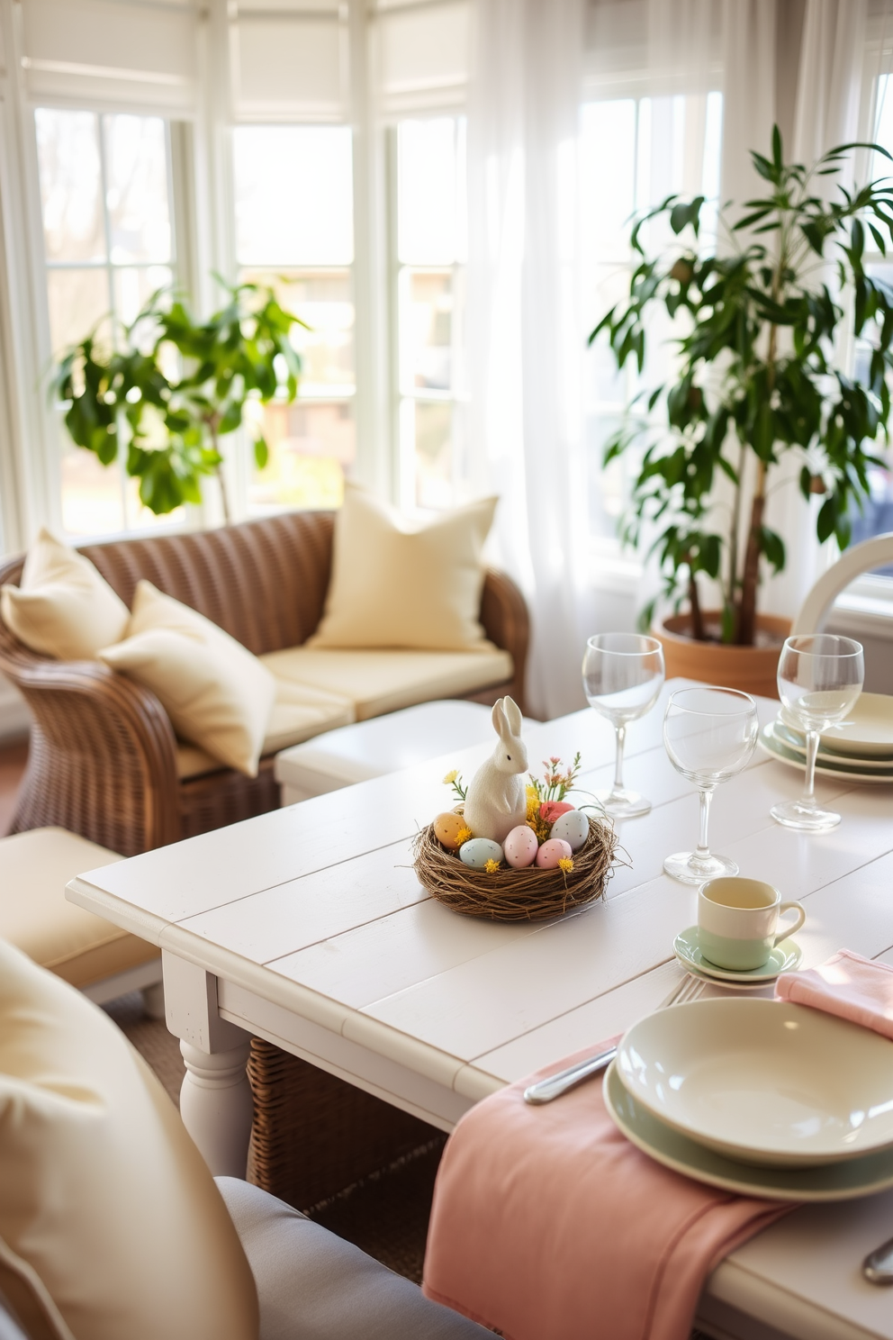 A cozy sunroom filled with natural light. The room features a wicker sofa with pastel yellow cushions, complemented by a white wooden coffee table adorned with a miniature Easter scene. The table displays a small ceramic bunny surrounded by colorful painted eggs and tiny flower arrangements. Nearby, a tall potted plant adds a touch of greenery, while sheer white curtains gently sway in the breeze. A charming dining table set for an Easter brunch. The centerpiece is a miniature Easter scene with a small nest filled with speckled eggs and a delicate porcelain rabbit. Surrounding the centerpiece are pastel-colored plates and glasses, creating a festive yet elegant atmosphere. The table is set near large windows, allowing sunlight to enhance the cheerful decor.