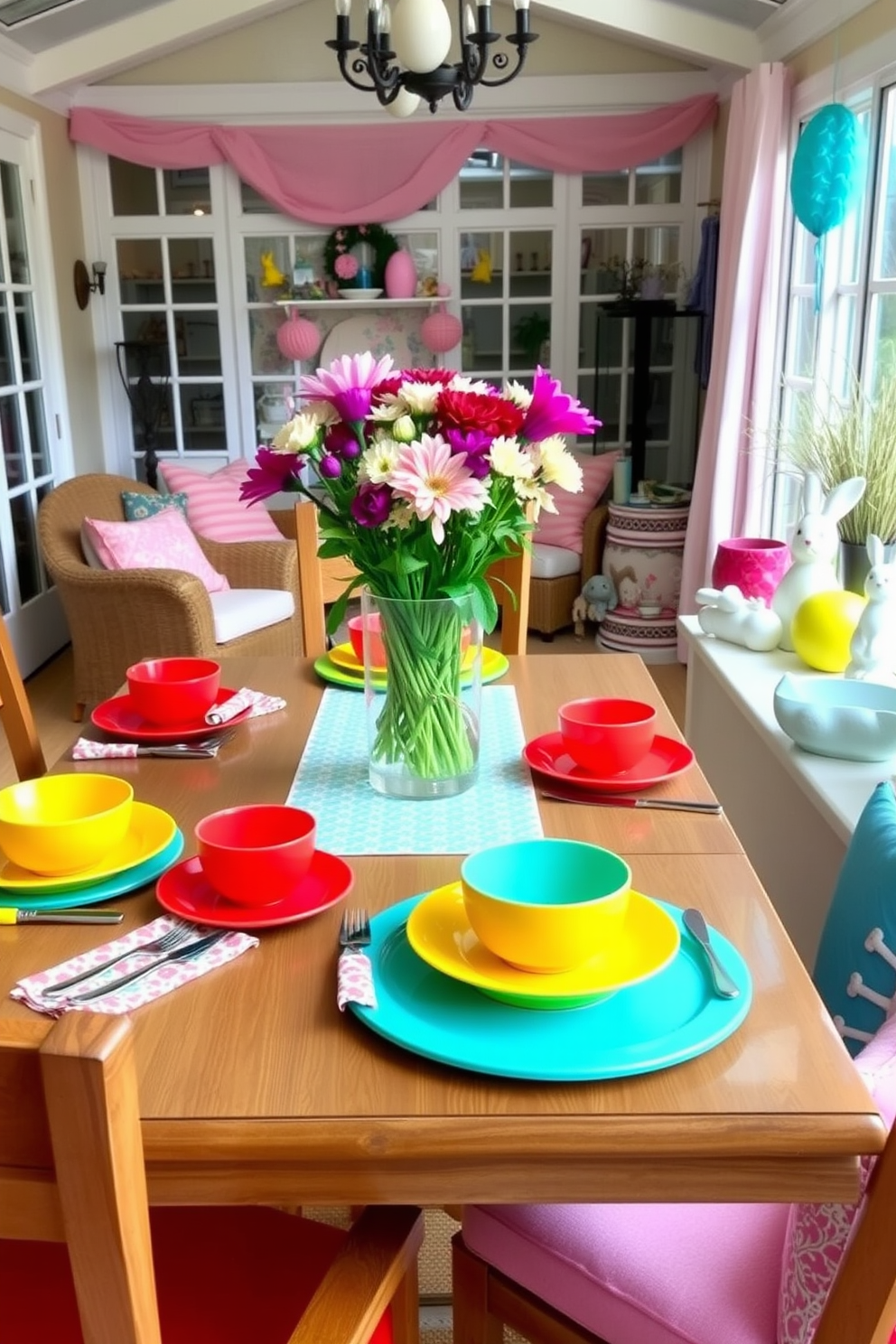 A vibrant dining table set with brightly colored tableware. The table is adorned with plates, bowls, and cups in a mix of bold hues like red, yellow, and turquoise, complemented by patterned napkins and a centerpiece of fresh flowers in a clear glass vase. A sunroom decorated for Easter, filled with pastel-colored decorations. The space features a cozy seating area with cushions in soft pinks and blues, an Easter-themed table with a floral centerpiece, and decorative bunnies and eggs placed throughout the room.