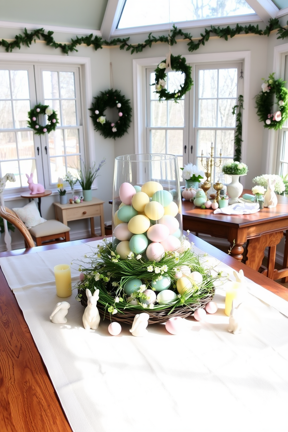 A charming Easter-themed table centerpiece. A large glass vase filled with pastel-colored eggs sits in the center, surrounded by a wreath of fresh spring flowers and greenery. Scattered around the vase are small ceramic bunnies and a few candles in soft pastel hues. The table is covered with a light linen tablecloth, adding a touch of elegance to the festive setting. A cozy sunroom decorated for Easter. The room is filled with natural light, with a large wooden table set up against the windows. On the table, a variety of Easter decorations including colorful eggs, bunny figurines, and fresh spring flowers are artfully arranged. The walls are adorned with Easter-themed garlands and wreaths, creating a cheerful and inviting atmosphere.