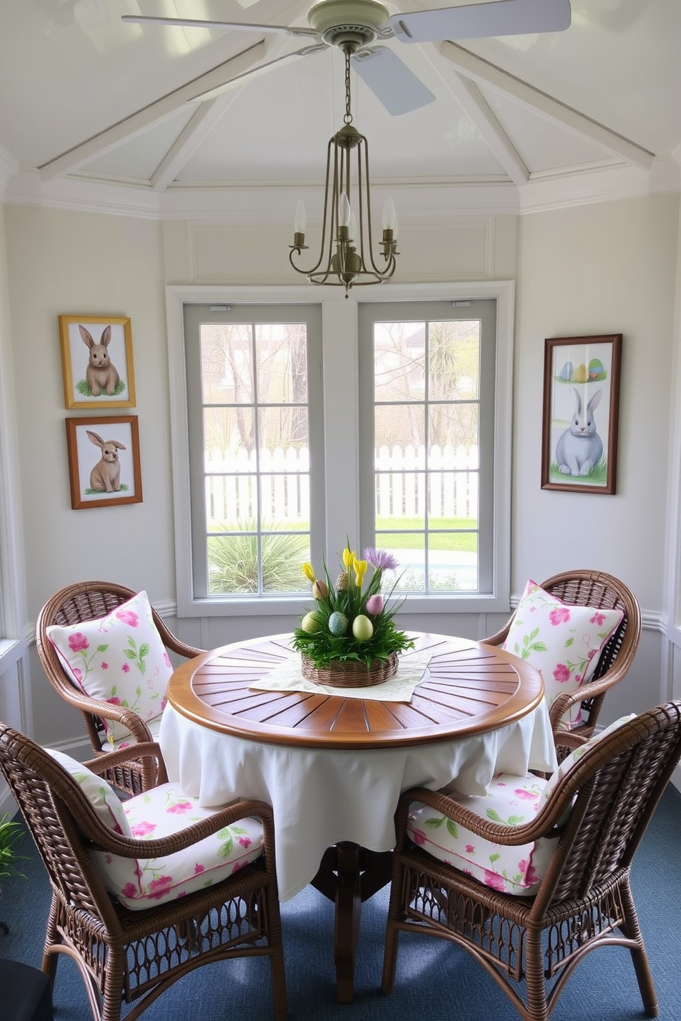 A sunroom decorated for Easter with seasonal artwork featuring bunnies and eggs. The walls showcase framed prints of playful bunnies and colorful eggs, adding a festive touch to the space. In the center, a round wooden table is adorned with a pastel tablecloth and an Easter-themed centerpiece. Surrounding the table, wicker chairs with floral cushions invite guests to sit and enjoy the springtime ambiance.