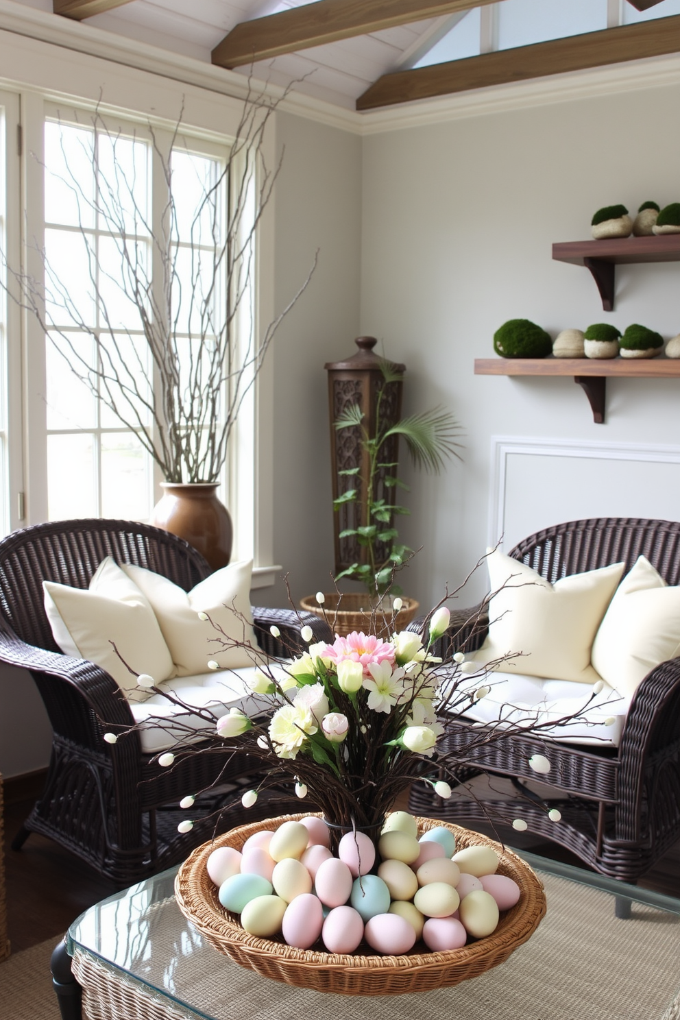 A sunroom adorned with natural elements exudes tranquility and freshness. Branches arranged in a large vase stand tall in the corner, while moss-covered stones are artfully placed on wooden shelves. For Easter decorating, pastel-colored cushions line the wicker chairs, and a floral centerpiece graces the coffee table. Delicate Easter eggs, painted in soft hues, are nestled among the branches, creating a festive yet serene ambiance.