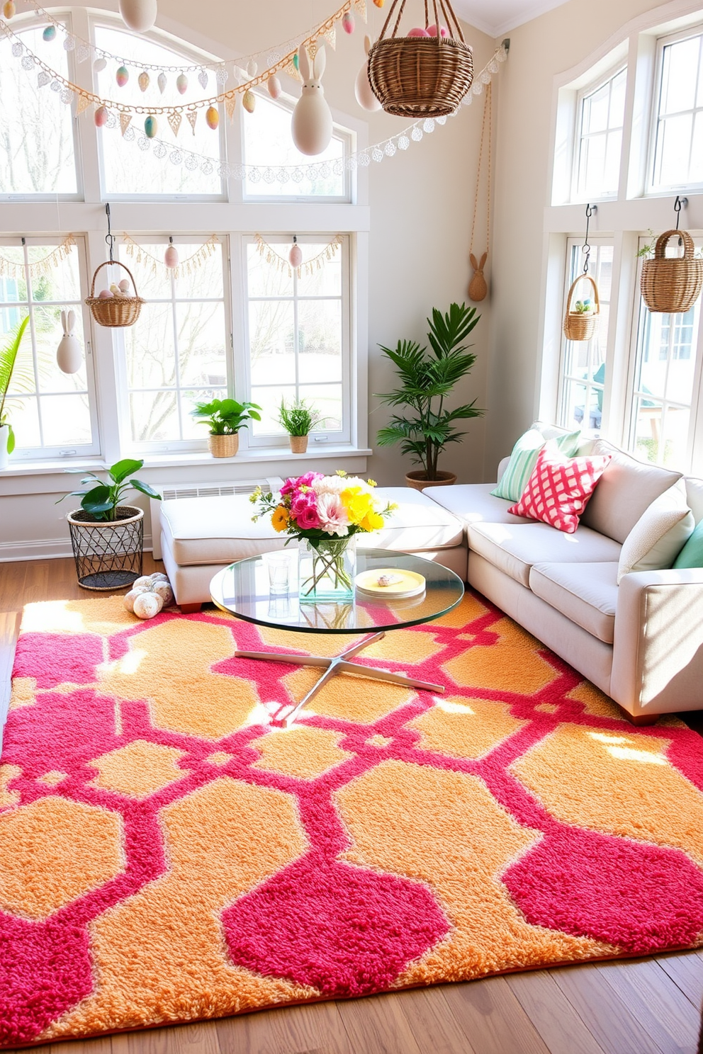 Brightly colored rugs for a cheerful touch. Imagine a living room with a large, plush rug featuring a vibrant geometric pattern in shades of red, orange, and yellow. The rug is placed under a sleek, modern coffee table, surrounded by a cozy sectional sofa in a neutral tone. To complement the lively rug, add colorful throw pillows and a few potted plants to bring in a touch of nature. Sunroom Easter Decorating Ideas. Picture a sunroom filled with natural light, where a round table is set for an Easter brunch. The table is adorned with a pastel-colored tablecloth, and a centerpiece made of fresh spring flowers in a glass vase. Around the room, hang delicate paper garlands in the shape of Easter eggs and bunnies, and place a few decorative wicker baskets filled with painted eggs on the windowsills.