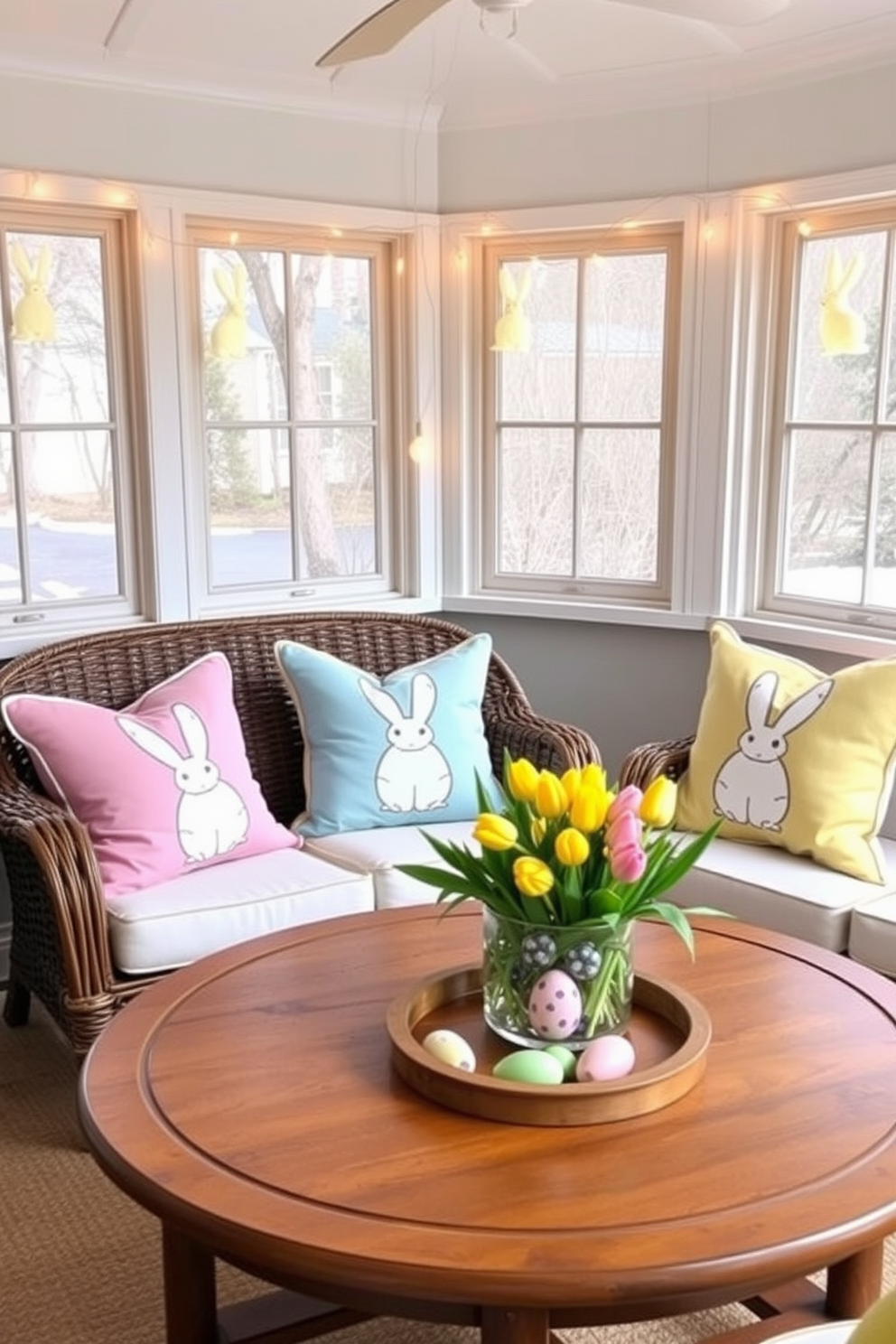 A cozy sunroom adorned with seasonal pillows featuring charming bunny motifs. The pillows, in pastel shades of pink, blue, and yellow, are arranged on a wicker loveseat, creating a festive and inviting atmosphere. For Easter decorating ideas, a round wooden coffee table in the sunroom is set with a centerpiece of colorful Easter eggs and fresh tulips in a glass vase. String lights shaped like Easter bunnies hang along the windows, casting a warm glow throughout the space.