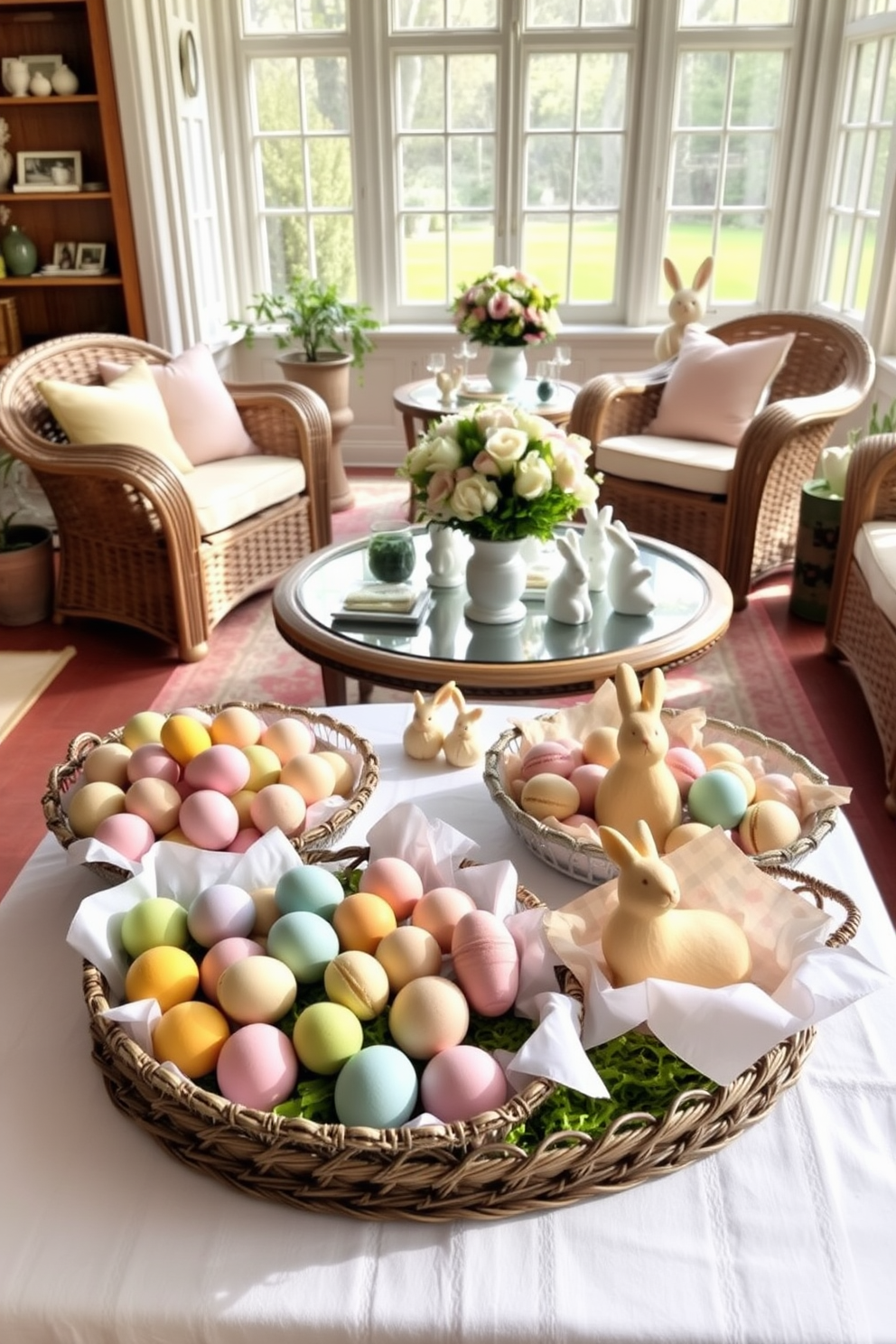 A sunlit room filled with decorative trays showcasing a variety of Easter treats. Each tray holds an assortment of colorful eggs, pastel macarons, and bunny-shaped cookies, all arranged on a white, linen-covered table. In the sunroom, wicker furniture with pastel cushions is arranged around a central coffee table. The table is adorned with a floral centerpiece and surrounded by Easter-themed decor, including painted eggs and bunny figurines.