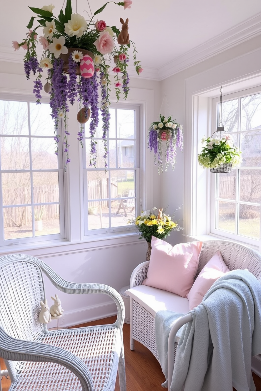 A serene sunroom filled with natural light, featuring hanging floral arrangements cascading from the ceiling. The room is adorned with pastel-colored Easter decorations, including delicate egg garlands and bunny figurines placed on the white wicker furniture. A cozy reading nook with a large bay window, where hanging floral arrangements of lavender and daisies add a touch of whimsy. The space is decorated with soft, pastel-colored pillows and a light blue throw blanket, perfect for enjoying a springtime read.