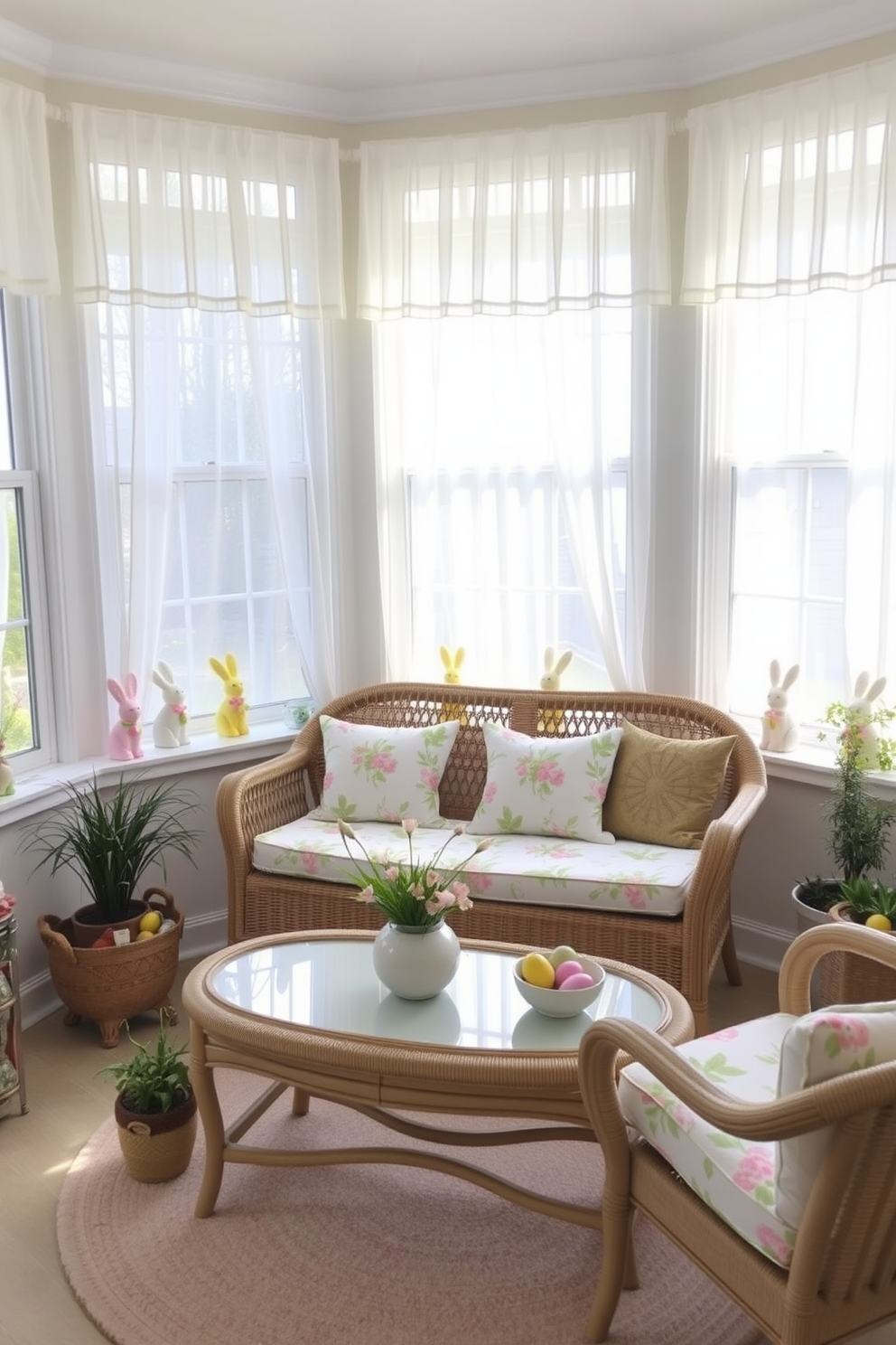 A cozy sunroom decorated for Easter. Bunny figurines are placed on the window sills, each one painted in pastel colors that complement the light and airy feel of the room. The windows are adorned with sheer white curtains that allow plenty of natural light to flood the space. A wicker sofa with floral cushions and a matching coffee table sit in the center, surrounded by potted plants and colorful Easter eggs.