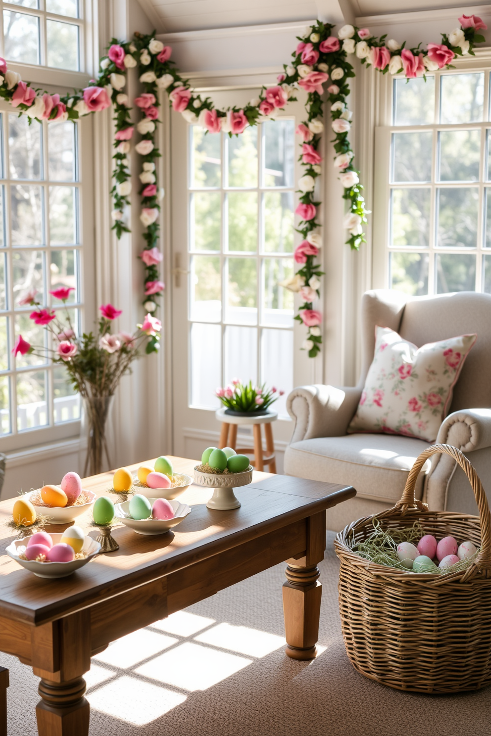 A sunroom filled with natural light and vibrant Easter decorations. Several colorful painted eggs are displayed in decorative bowls on a wooden coffee table, creating a festive centerpiece. The walls are adorned with pastel-colored floral garlands, and a cozy armchair with a floral-patterned cushion sits by the window. A wicker basket filled with Easter grass and more painted eggs is placed next to the armchair, adding to the cheerful atmosphere.