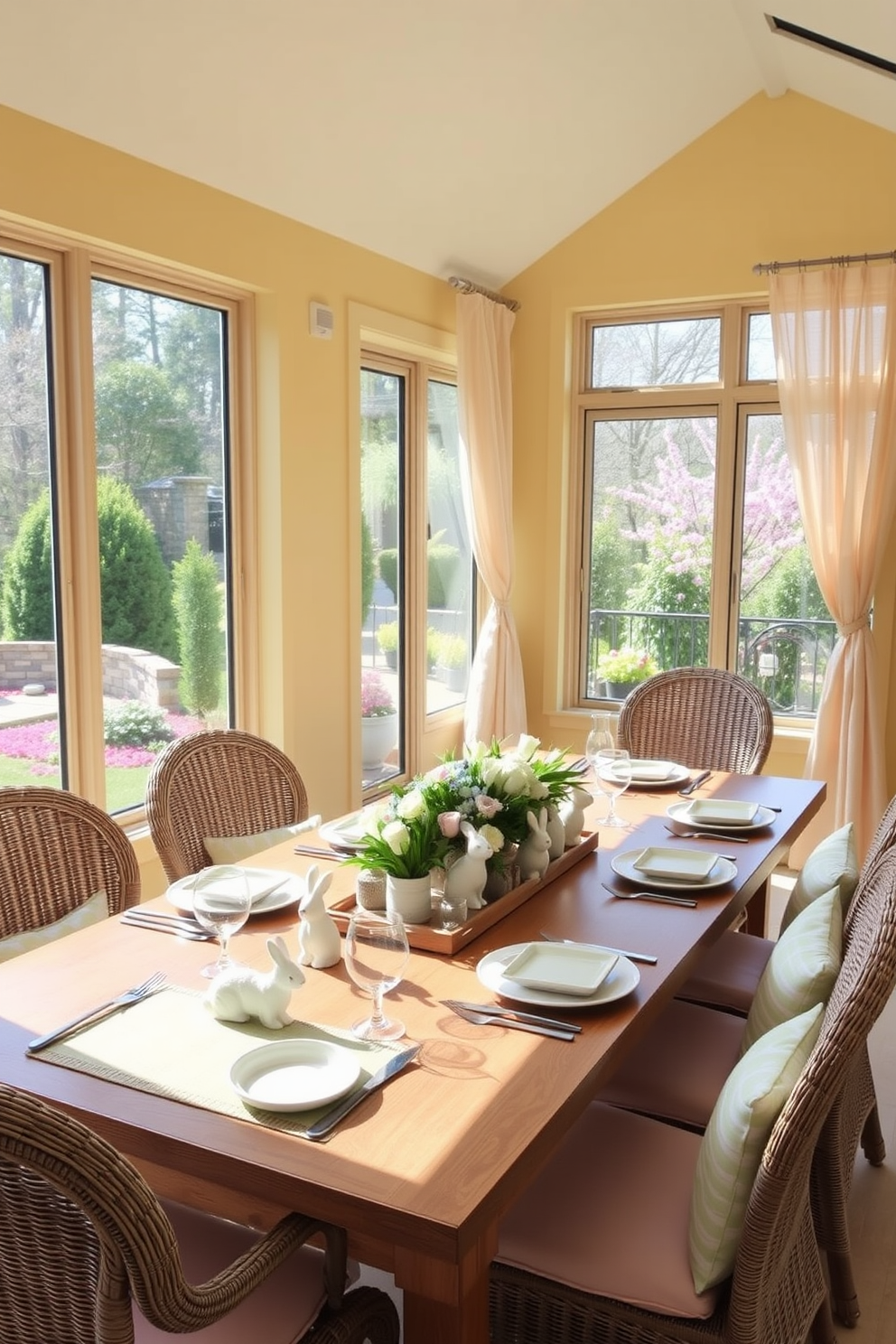 A sunroom filled with natural light, featuring a large wooden table set for Easter brunch. The table is adorned with pastel-colored tableware, a floral centerpiece, and decorative bunny figurines. The walls are painted a soft yellow, and large windows provide a view of the blooming garden outside. Comfortable wicker chairs with pastel cushions surround the table, and a light, airy curtain adds a touch of elegance to the space.