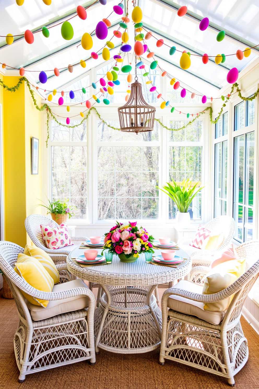 A bright and airy sunroom decorated for Easter. Colorful egg garlands hang from the ceiling, creating a festive atmosphere. The walls are painted in a soft pastel yellow, complementing the natural light streaming in through large windows. In the center of the room, a white wicker table is adorned with a vibrant floral centerpiece and pastel-colored tableware. Plush cushions in various spring hues are scattered on the wicker chairs, inviting guests to sit and enjoy the cheerful space.