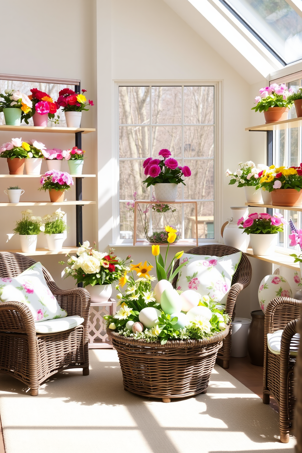 Potted spring flowers in a sun-drenched room. Shelves of varying heights hold an array of vibrant blooms in pastel-colored pots, with sunlight streaming through floor-to-ceiling windows, casting soft shadows across the room. Easter decorating ideas for a cozy sunroom. Delicate pastel-hued decorations adorn the space, with wicker furniture accented by floral cushions and a centerpiece of a large Easter egg display surrounded by fresh spring flowers.