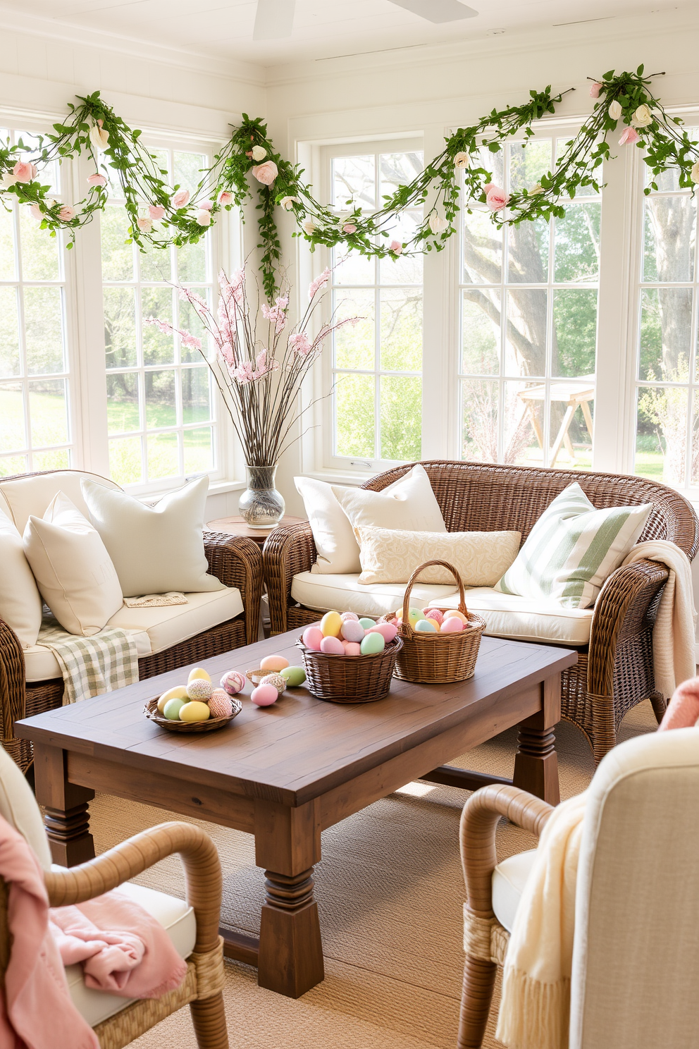 A cozy sunroom adorned with festive Easter decorations. There are decorative baskets filled with an assortment of colorful treats and eggs, placed strategically on a rustic wooden coffee table. Soft pastel-colored cushions and throws are scattered on a wicker sofa and chairs, enhancing the inviting atmosphere. Delicate garlands of spring flowers and greenery drape across the windows, allowing sunlight to filter through and highlight the cheerful decor.