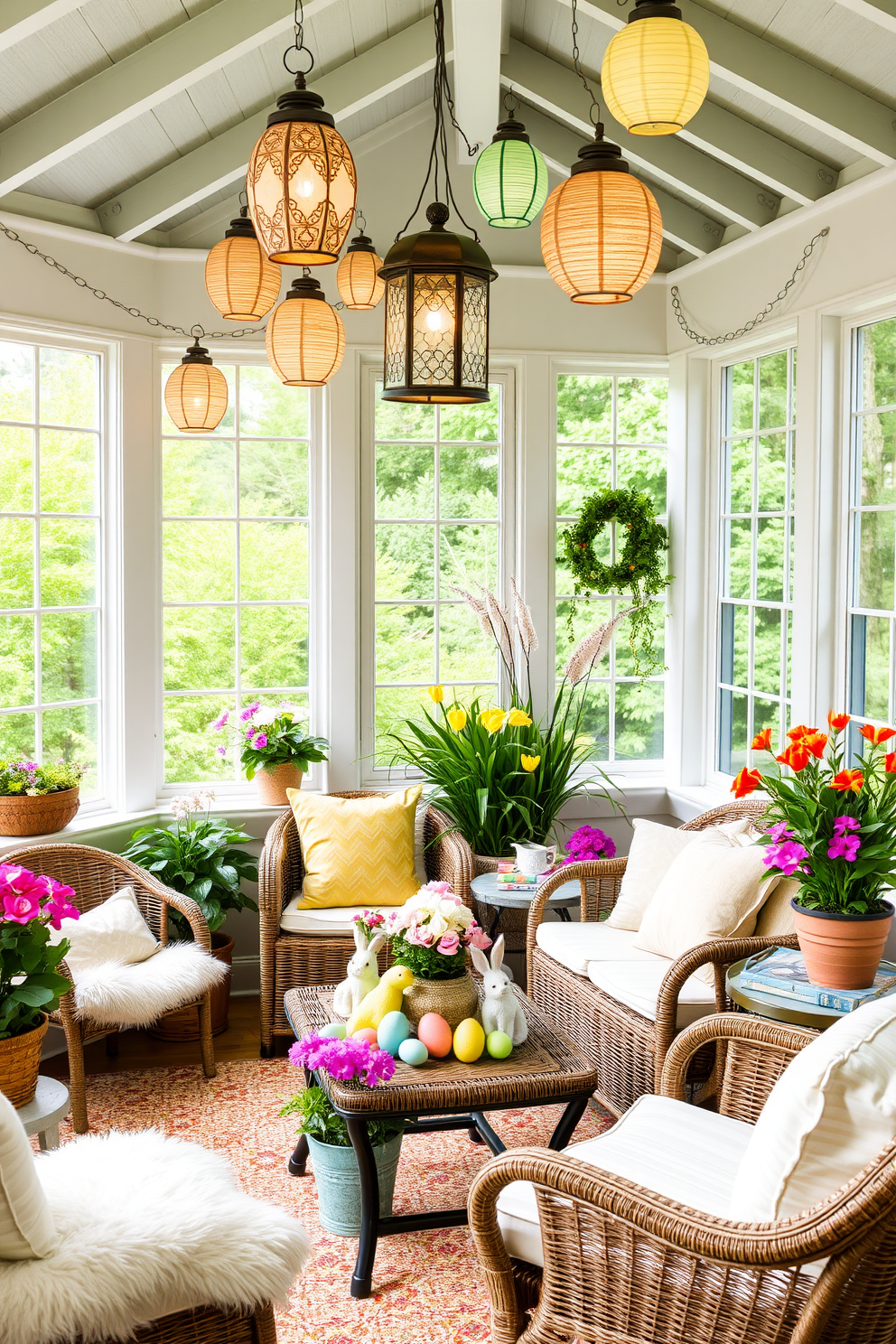 A cozy sunroom adorned with charming lanterns and Easter decorations. Delicate pastel-colored lanterns hang from the ceiling, casting a warm glow over the room, while vibrant Easter eggs and bunny figurines are tastefully arranged on the windowsills and coffee table. Soft, plush cushions in spring hues are scattered across a wicker sofa and armchairs, inviting relaxation. Potted plants and fresh flowers add a touch of nature, enhancing the festive ambiance with their lively colors and fragrant scents.