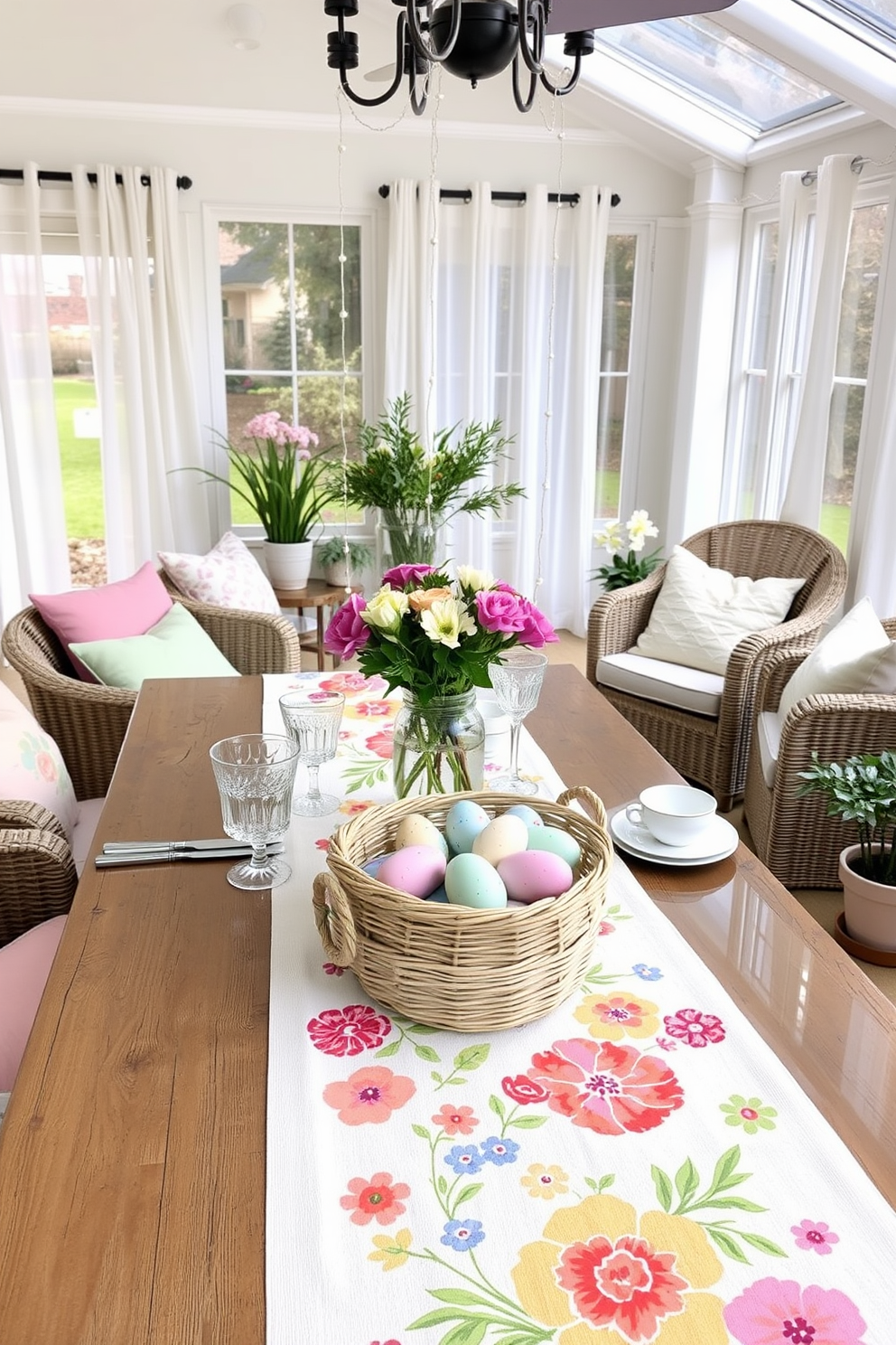 A lively table runner with floral patterns adorns a rustic wooden dining table, bringing a burst of color and vibrancy to the room. The table is set with white porcelain dishes, crystal glasses, and silver cutlery, with a centerpiece of fresh flowers in a glass vase complementing the runner's design. Sunroom Easter decorating ideas include pastel-colored cushions on wicker furniture and a light, airy atmosphere with sheer white curtains. The room features a centerpiece of painted Easter eggs in a woven basket on a glass coffee table, surrounded by potted spring flowers and delicate fairy lights hanging from the ceiling.