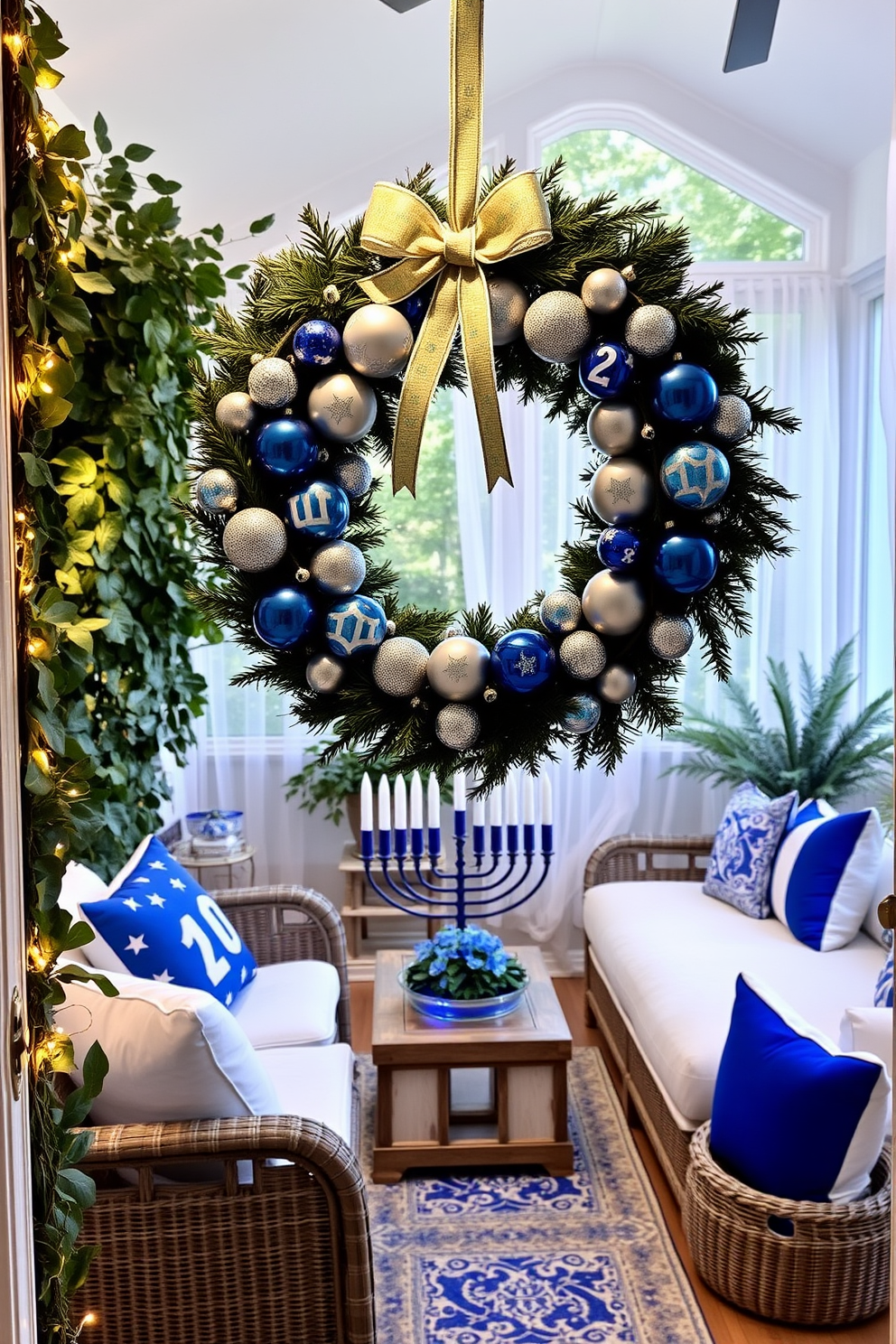 A festive Hanukkah-themed wreath adorned with blue and silver ornaments hangs prominently on the front door, welcoming guests with a touch of seasonal cheer. Surrounding the wreath are twinkling fairy lights and a backdrop of lush greenery, creating a warm and inviting atmosphere. In the sunroom, vibrant blue and white accents are used to decorate the space, featuring a cozy seating area with plush cushions and a menorah centerpiece on the coffee table. The windows are draped with sheer white curtains, allowing natural light to flood in and illuminate the festive decorations throughout the room.